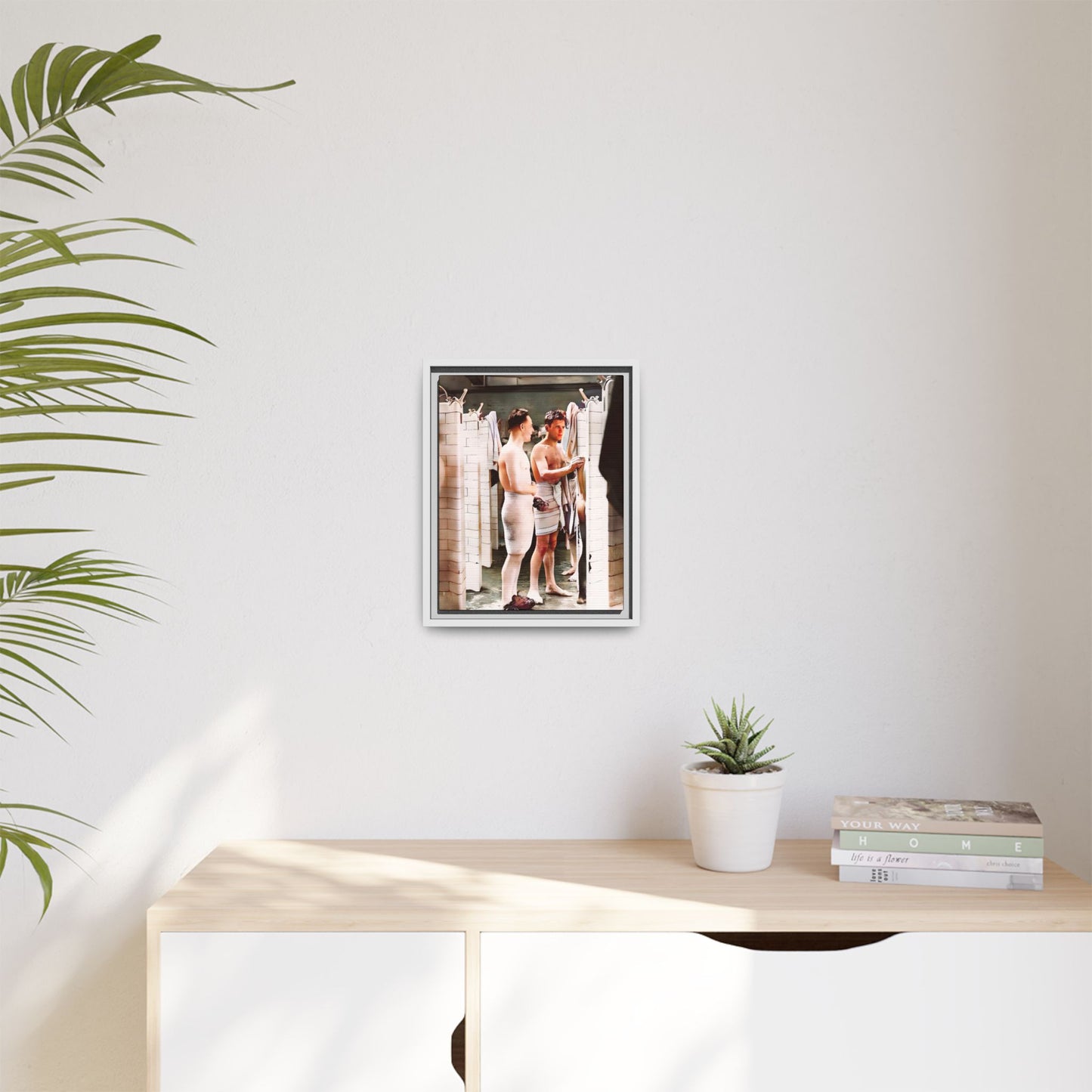A restored and colorized vintage photo of Everard Baths in Manhattan, NYC. This framed matte canvas print celebrates LGBTQ+ history, capturing the spirit of camaraderie, liberation, and hidden stories from the past.