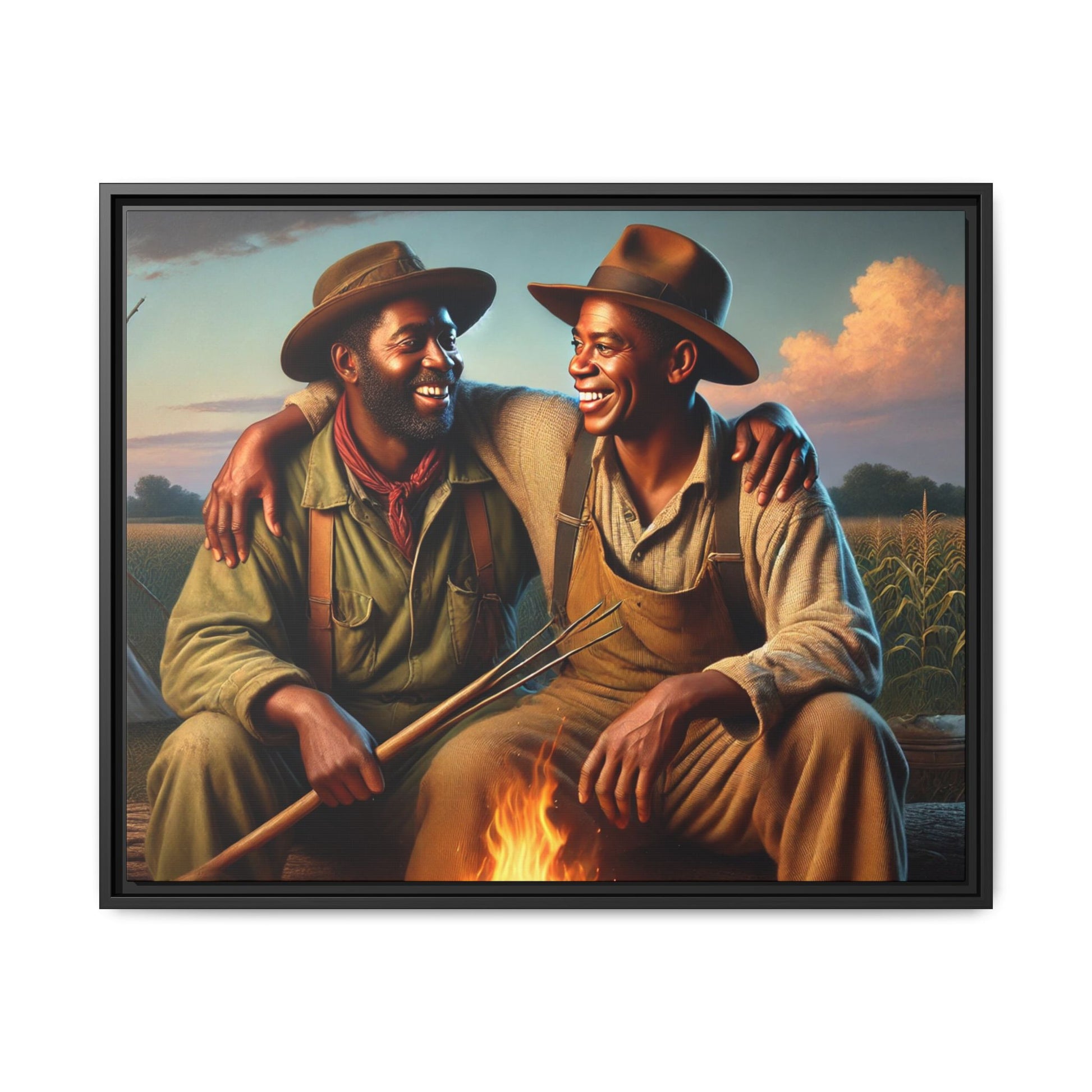 Artwork of an older African-American queer couple sharing a warm, joyful moment by a campfire in rural Iowa. Set against vast fields and an open sky, the scene captures love, resilience, and the nostalgic beauty of Americana, with firelight illuminating their laughter and companionship