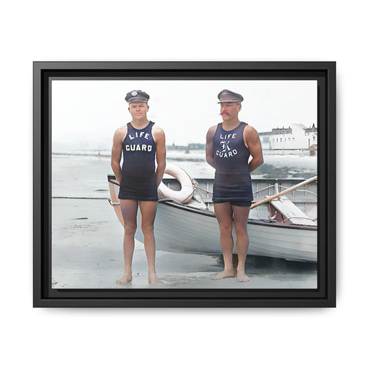 A nostalgic framed canvas print of vintage lifeguards in Cape May, NJ. This coastal artwork captures the charm of early 20th-century beach life, making it perfect for lovers of maritime history, seaside decor, and Americana enthusiasts.