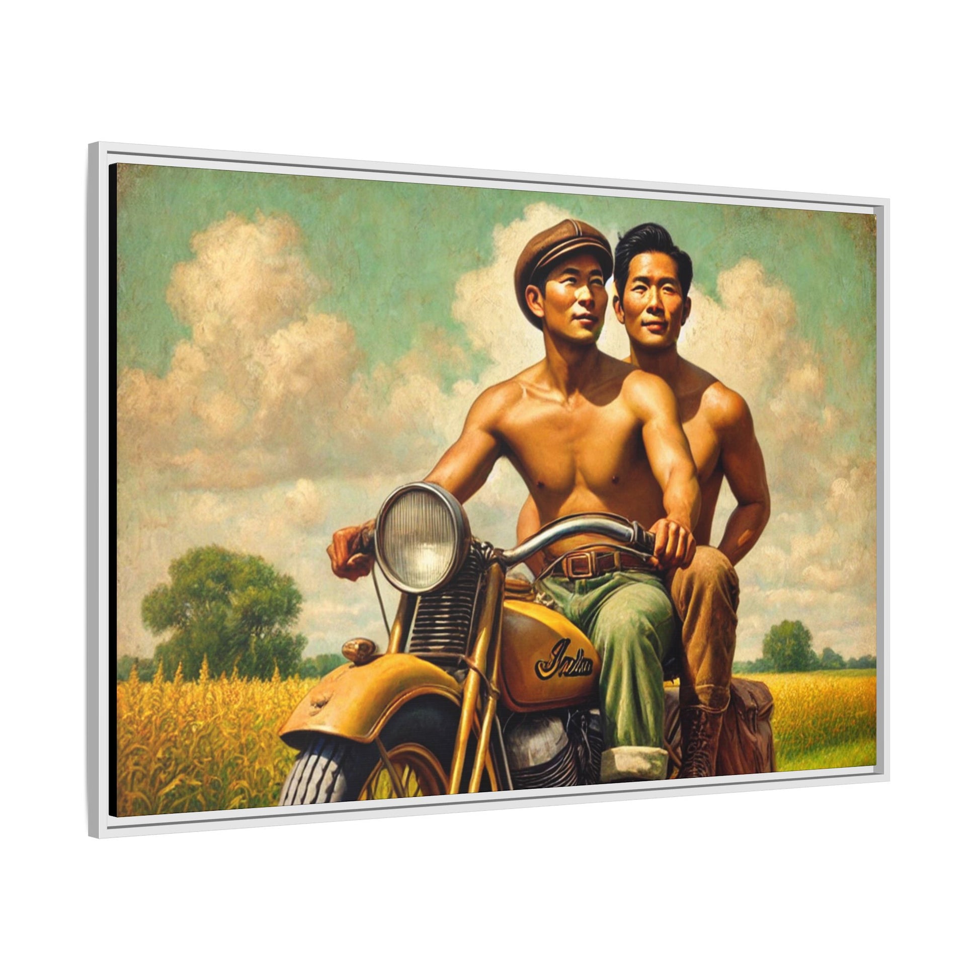 Framed artwork of an Asian-American gay couple riding a vintage yellow motorcycle through Iowa's serene countryside, celebrating love and unity. Grant Wood Inspired