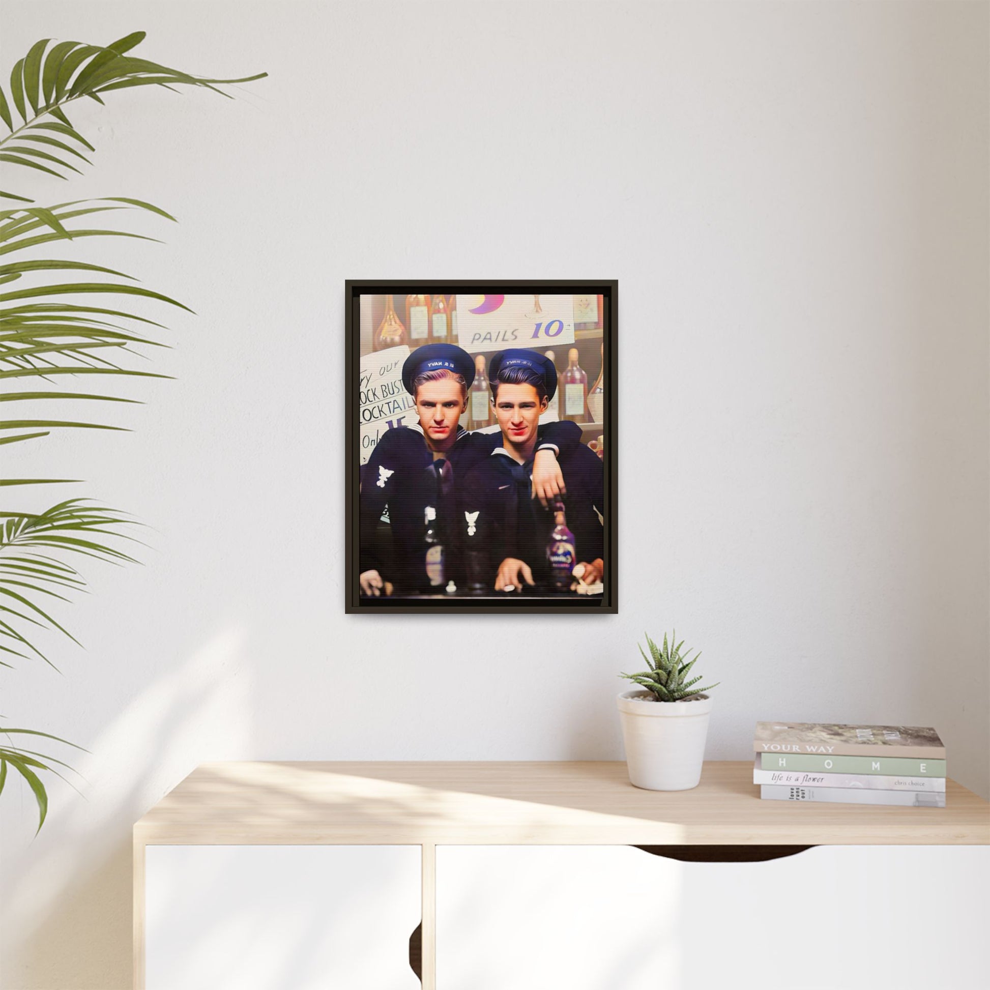 A restored vintage naval portrait of Leo & Vincent, two sailors at Norfolk Naval Station. This framed matte canvas captures LGBTQ+ history, camaraderie, and resilience in a timeless moment. Gay Couple