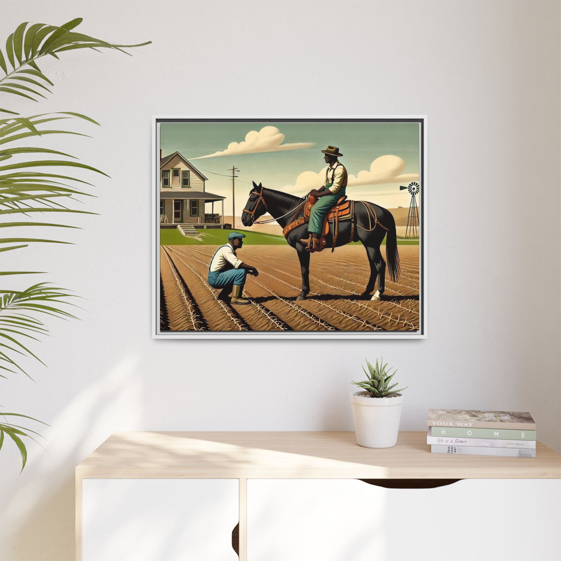 Artwork of an African American queer couple working together on a farm in a serene, vintage-inspired landscape. One man sits on horseback, gazing warmly at his partner, who examines the soil, symbolizing their partnership in both love and labor. The scene captures resilience, companionship, and the beauty of rural life.