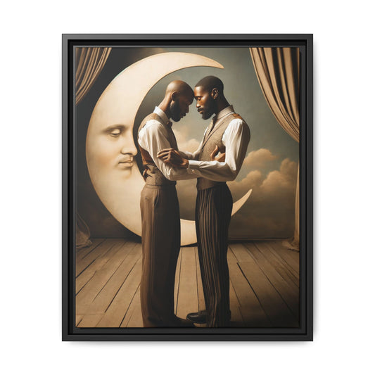 Two Black men in vintage 1920s clothing stand forehead to forehead, embraced beneath a glowing crescent moon. A theatrical scene honoring queer love, memory, and history, reclaiming moments that were never captured due to cultural bias.