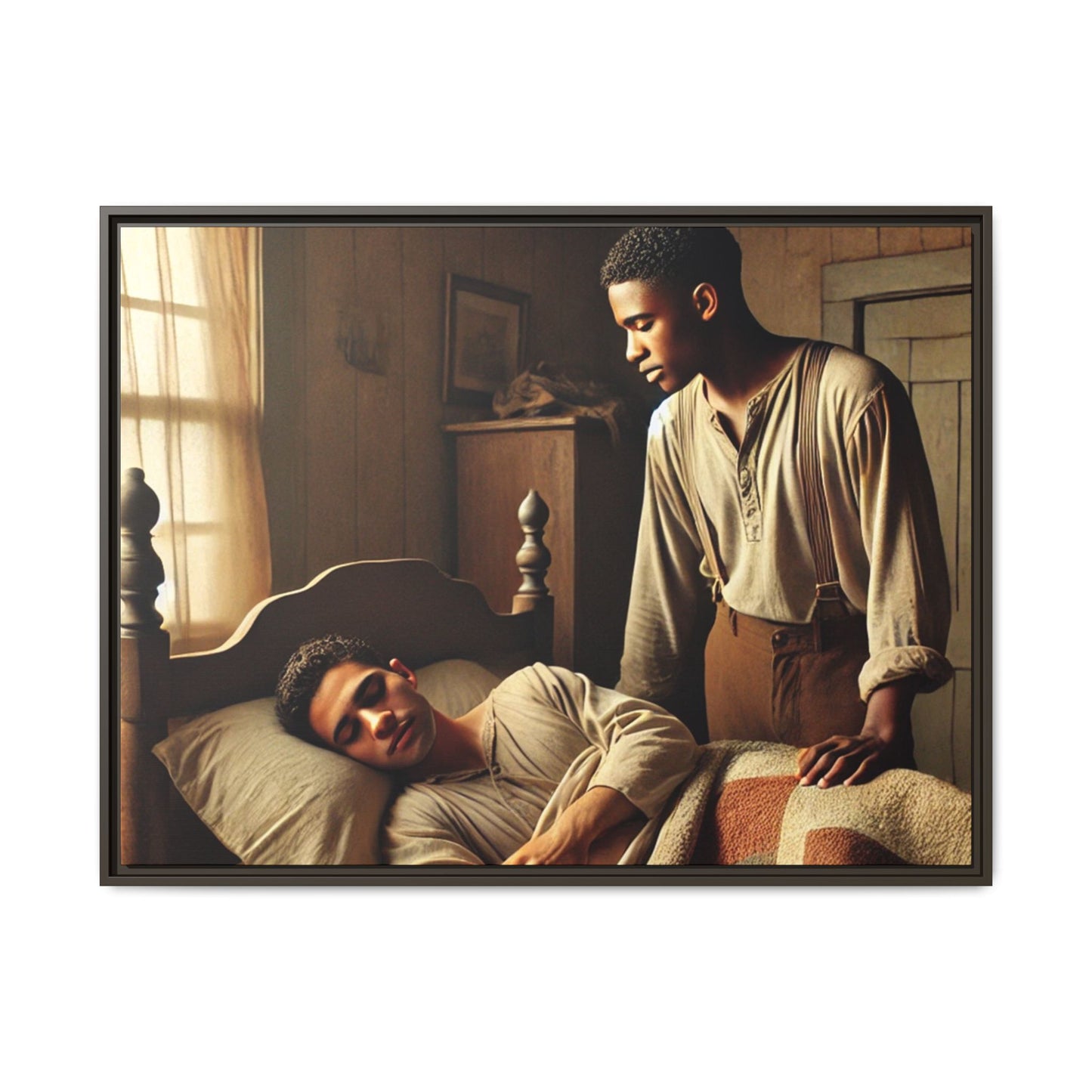 Grant 007 artwork depicting an African-American queer couple in a tender, intimate moment within a rustic bedroom. This scene, bathed in warm, nostalgic light, captures the love and quiet resilience of rural life, celebrating LGBTQ+ representation and African-American heritage.