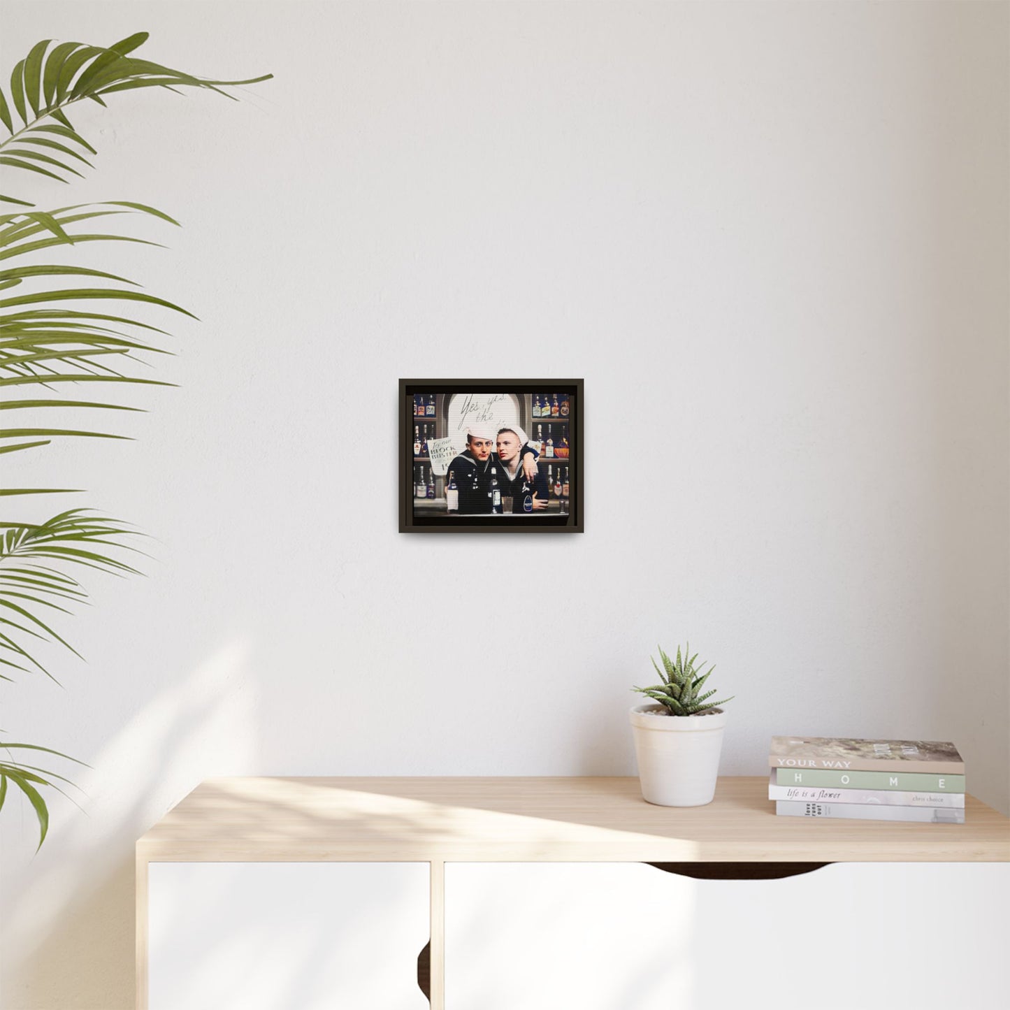 A restored vintage photo of Matt & Cory at Naval Air Station Alameda, CA. This framed matte canvas print captures camaraderie, LGBTQ+ history, and the spirit of military service, making it a unique and nostalgic keepsake for history lovers. Gay Couple Sailors