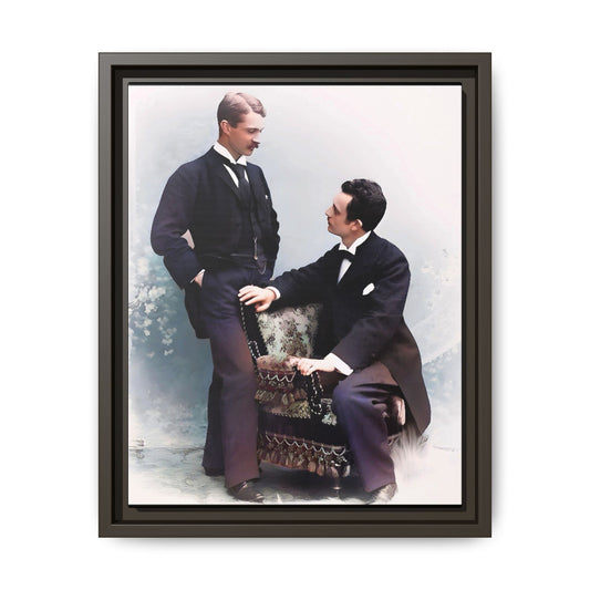 A beautifully restored vintage portrait of Ernest & Richard in Wilmington, North Carolina, exuding elegance and deep connection. Dressed in refined suits, their poised expressions capture a timeless LGBTQ+ love story, making this framed matte canvas print a stunning historical art piece for collectors and enthusiasts.