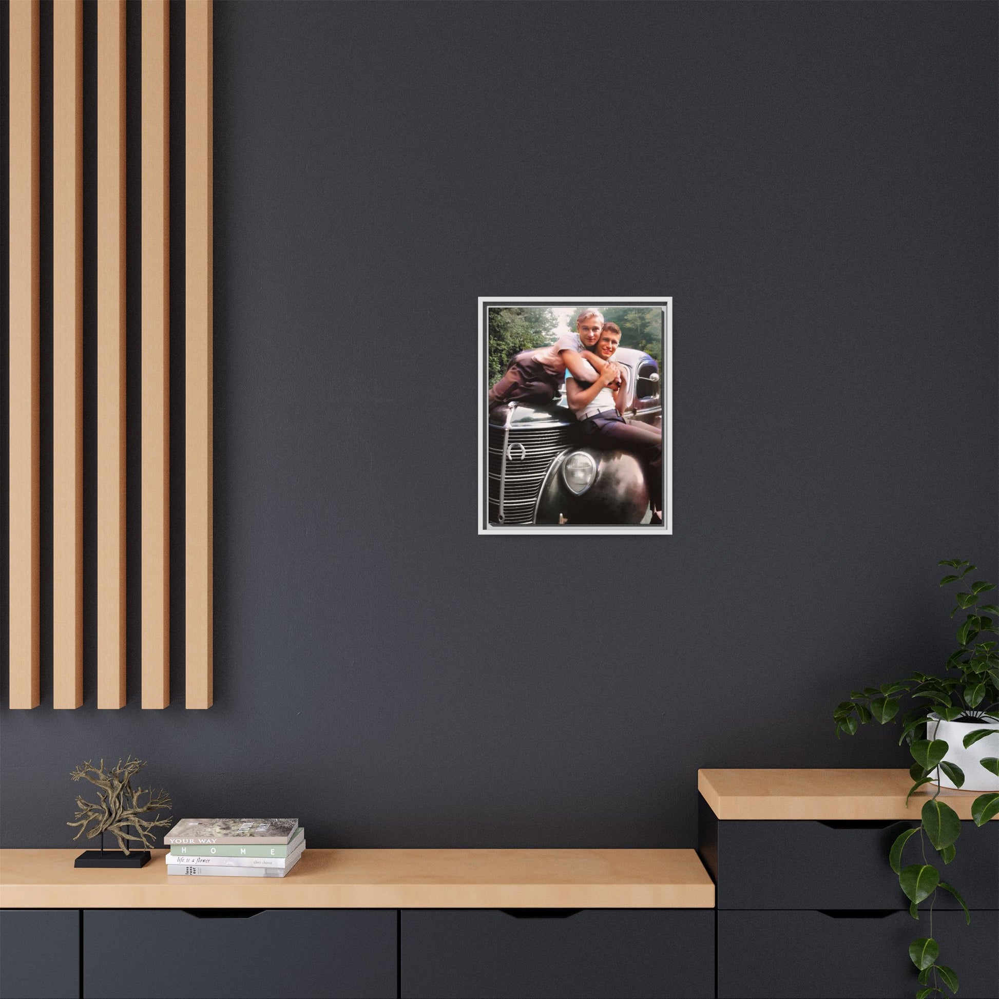 Vintage LGBTQ+ love portrait of Kent & Jamie in Watkins Glen, NY. A nostalgic moment on a classic car, now a museum-quality matte canvas print with handcrafted frame options. Perfect for collectors and those celebrating LGBTQ+ history. Gay Couple