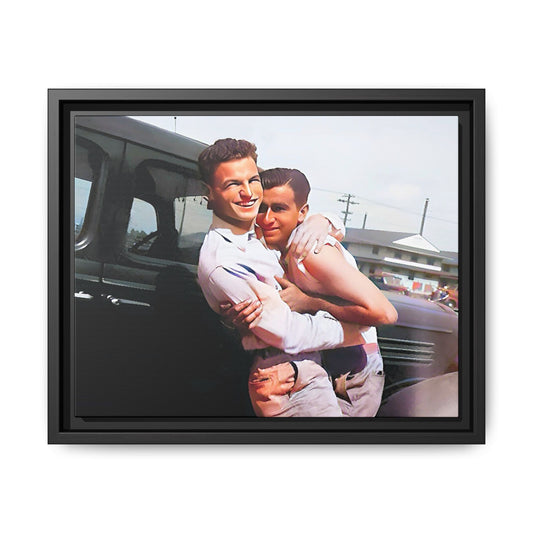 A framed vintage love portrait on matte canvas featuring Henry and Raymond in Peoria, Illinois, capturing timeless LGBTQ+ connection and joy. Gay Couple
