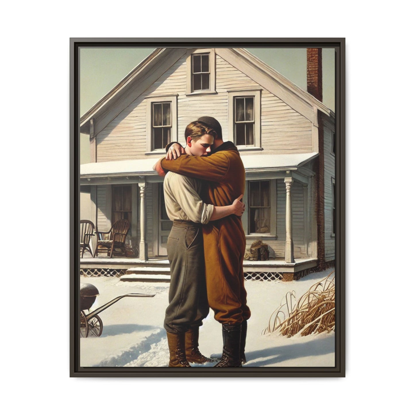 Artwork of a tender moment between a gay couple embracing outside a farmhouse in a snowy, rural landscape. Dressed in vintage attire, the two men find warmth and comfort in each other’s arms, capturing love and connection in a serene, Americana winter setting