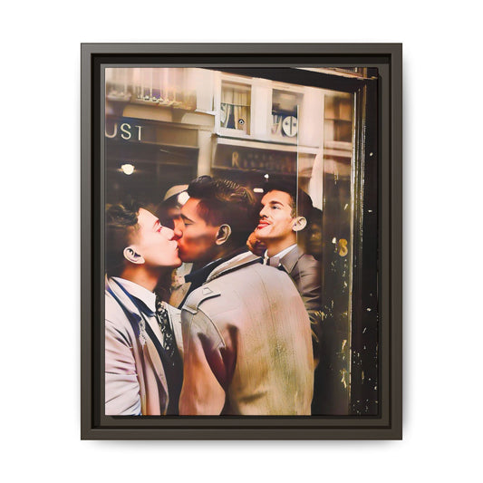 A restored 1950s LGBTQ+ couple portrait of Alejandro & Lorenzo at Mayfair Bar, NYC. A romantic queer history print on matte canvas, capturing love, resilience, and authenticity in a vibrant nightlife setting.