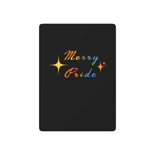 Merry Pride Poker Cards featuring rainbow-colored lettering, festive stars, and a sleek black background celebrating LGBTQ+ joy