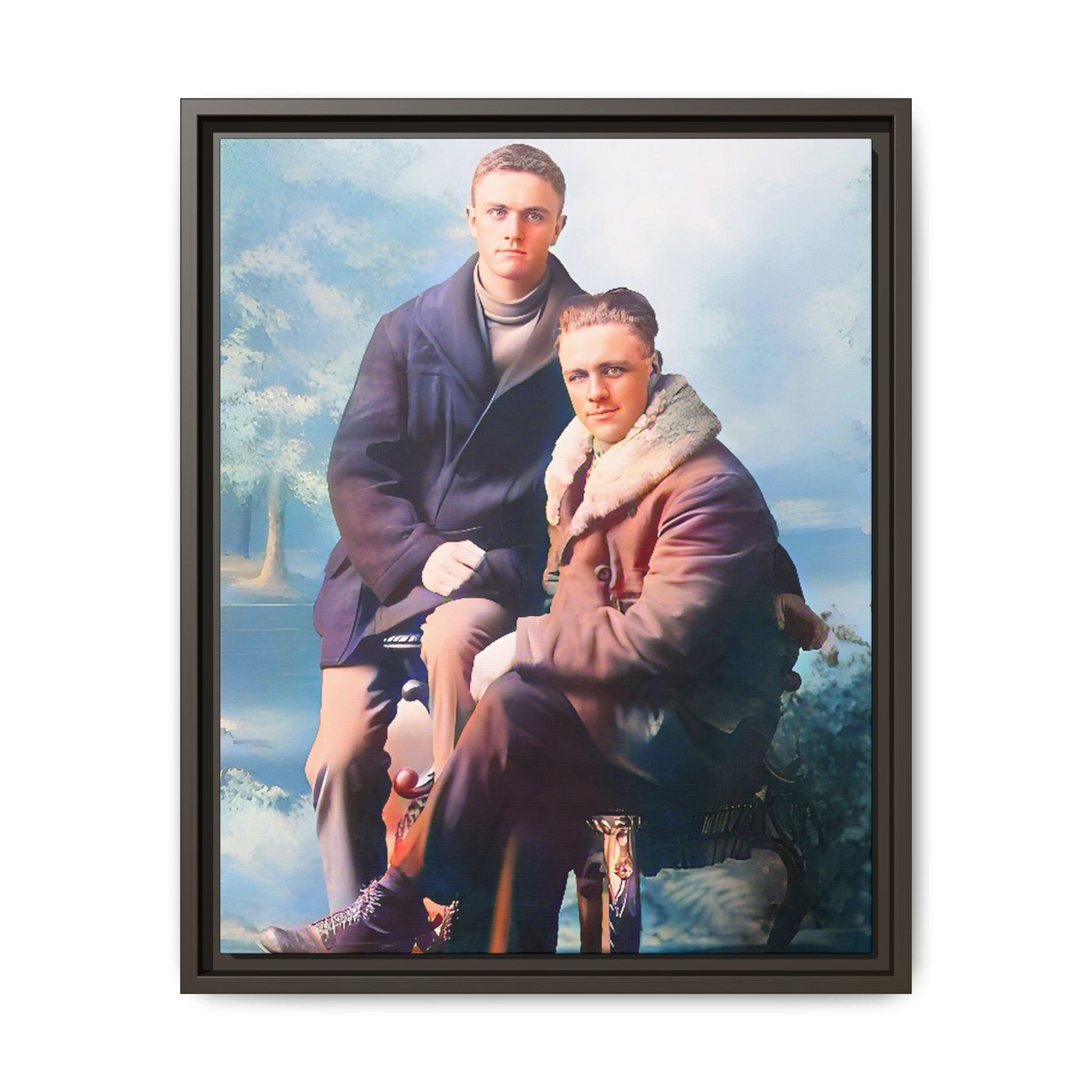 Restored vintage photograph of David and Sam, a gay couple in winter attire from early 20th century Yakima, Washington. Framed matte canvas print showcasing love, resilience, and Gay  history.