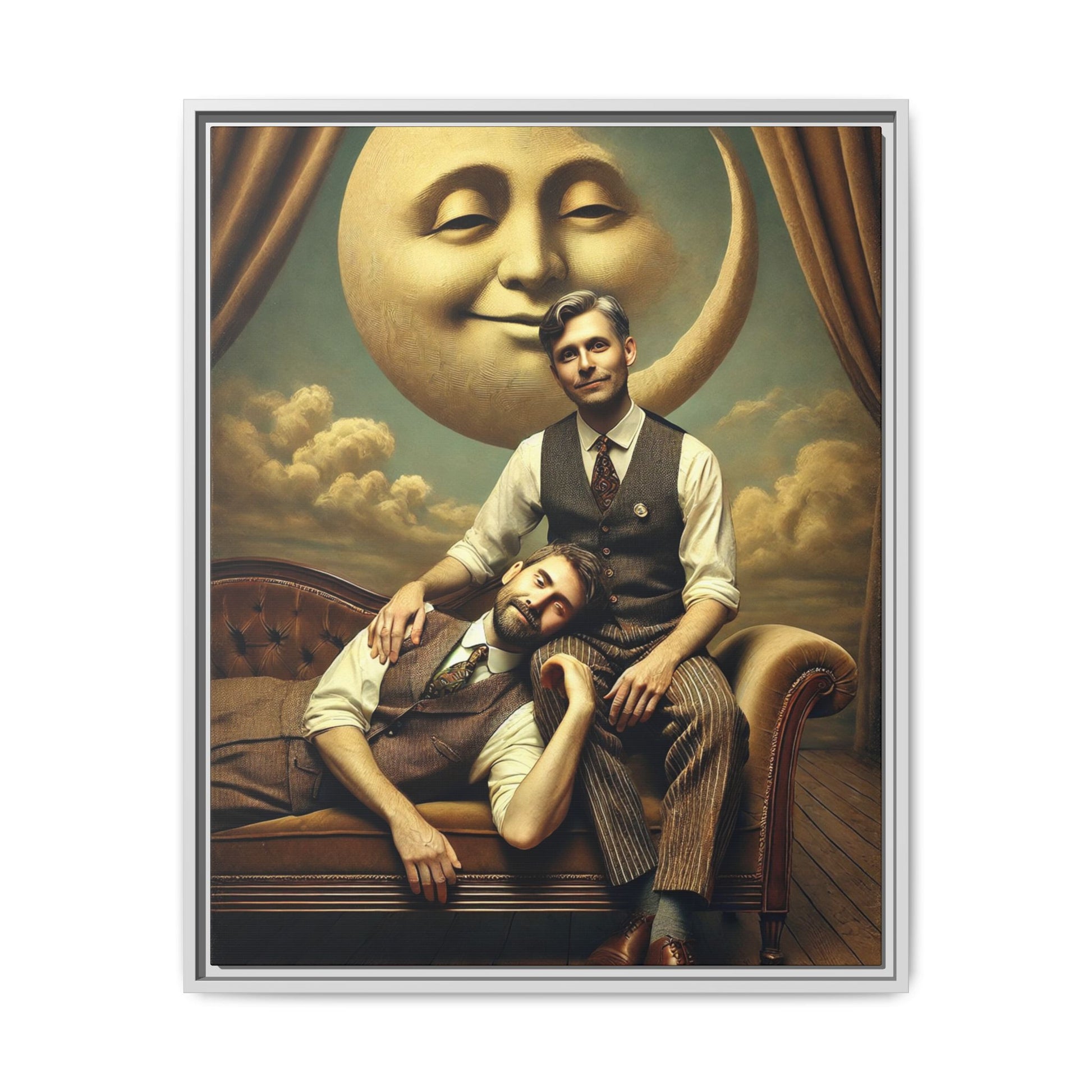 Vintage-style artwork of two men in 1920s clothing sitting close, one resting his head on the other’s lap beneath a smiling moon. Surrounded by theatrical curtains and clouds, this original piece honors lost queer love and challenges historical erasure with tenderness and pride.