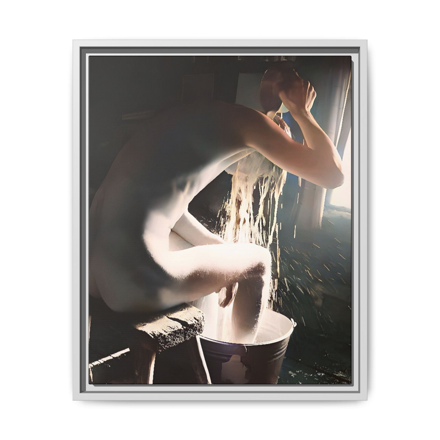 Restored early 20th-century photo of Roy during a rustic bathing ritual in Rock Springs, Wyoming, framed as wall décor celebrating simplicity and renewal.