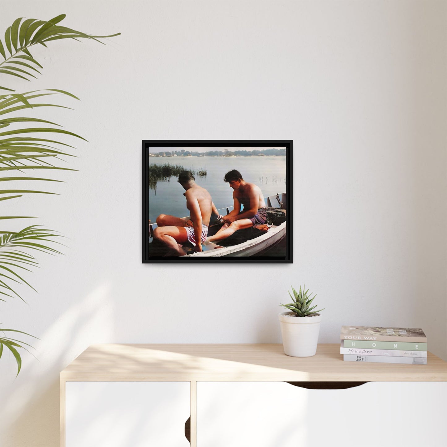 A restored vintage photo of Ned & Marty in a boat at Cape May, New Jersey. This framed matte canvas captures a serene LGBTQ+ love story, offering a nostalgic and timeless nautical scene perfect for collectors and history enthusiasts. Gay Couple