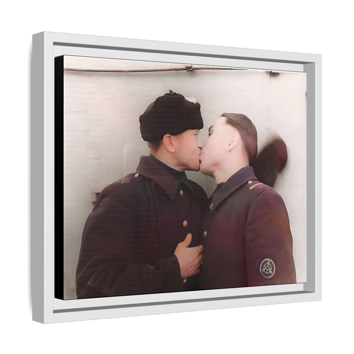 A restored vintage photograph of two Russian soldiers in uniform sharing an intimate moment at a military outpost in Surgut, Russia. Their embrace reflects resilience, love, and defiance against societal norms, making this a powerful tribute to LGBTQ+ history and wartime romance. Винтажное фото | гей-пара