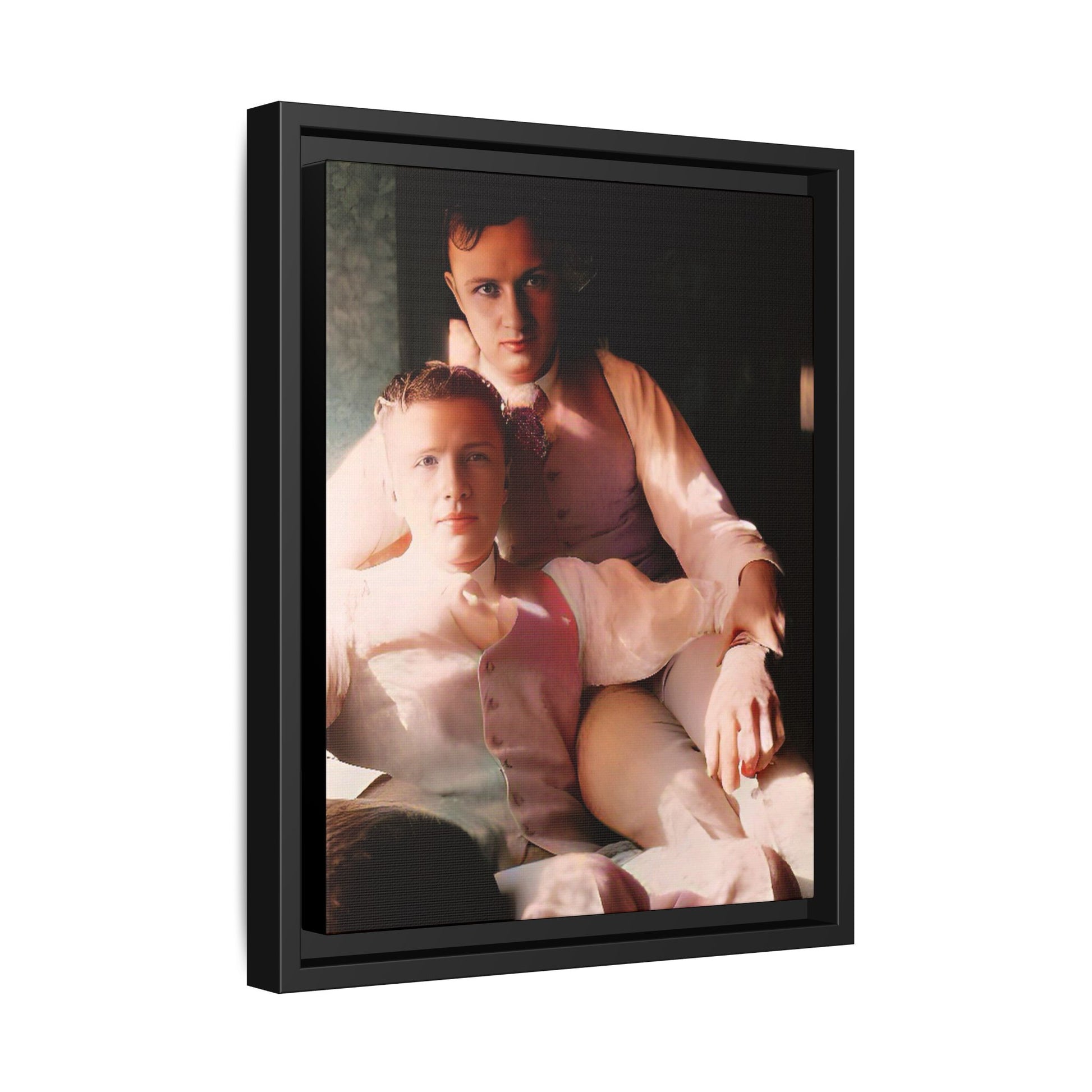 Restored vintage photograph of James and Henry, an early 1900s LGBTQ+ couple from Dayton, Ohio, sharing an intimate, sunlit moment. Framed matte canvas print celebrating love, devotion, and LGBTQ+ history. Gay Couple Affectionate Men