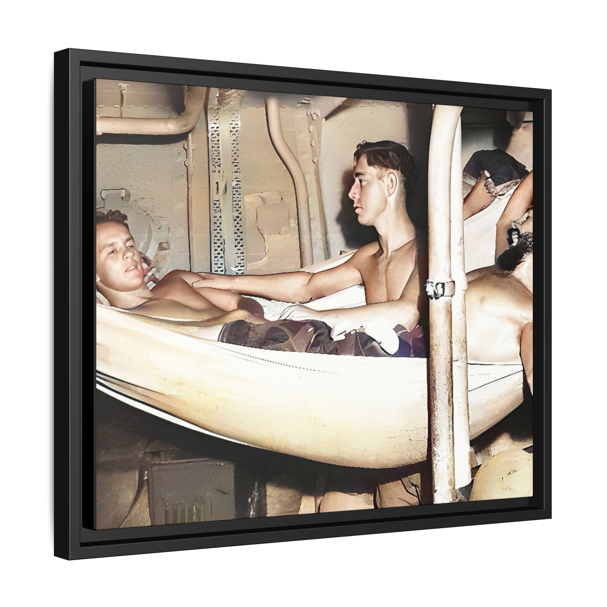 A framed vintage maritime photo on matte canvas featuring sailors aboard the Orleans, capturing life at sea and camaraderie.