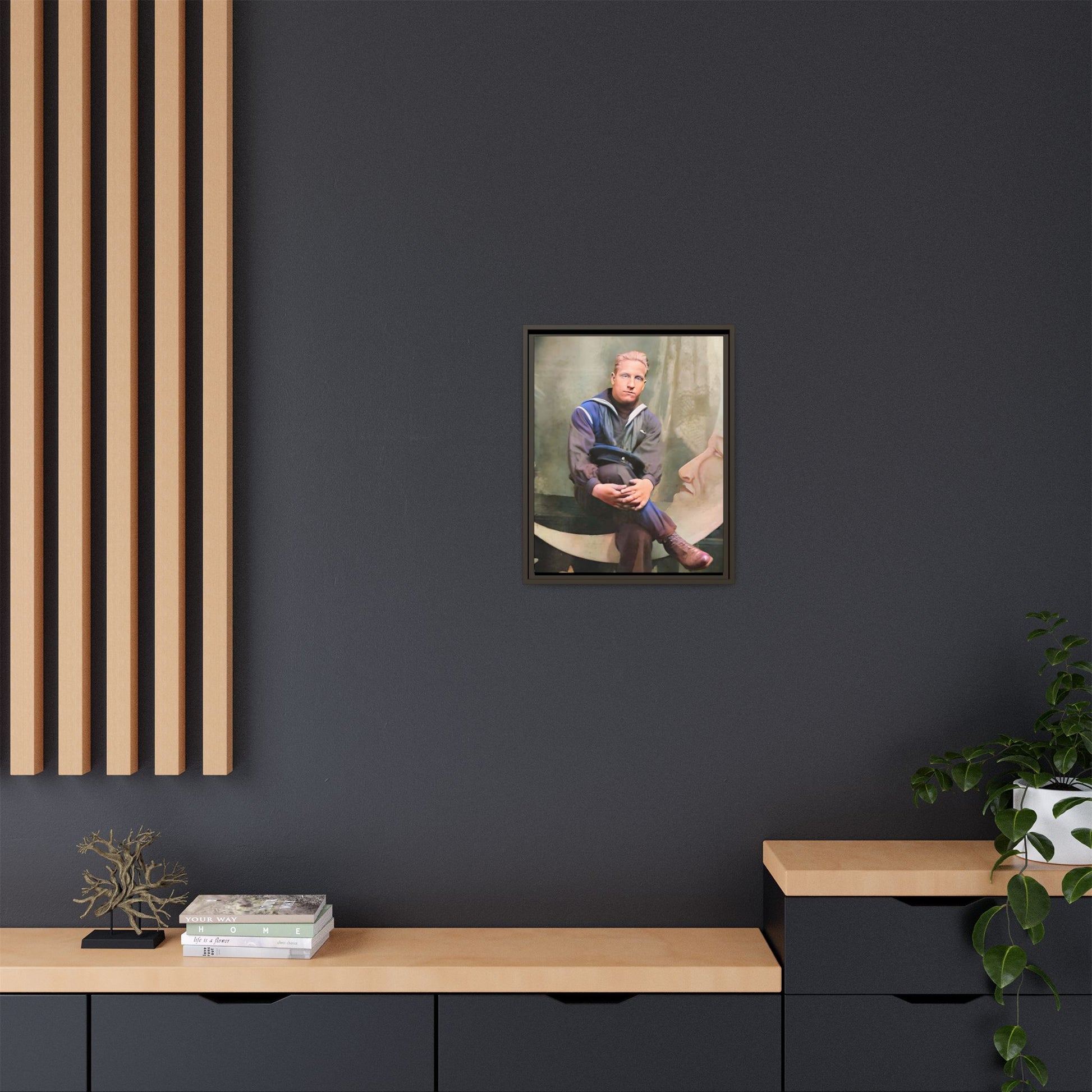 A vintage U.S. Navy sailor portrait featuring Jacob in uniform with a crescent moon backdrop. This framed matte canvas print is a timeless tribute to naval service, ideal for military history collectors, veterans, and nautical decor lovers. Art Deco Paper Moon Prop