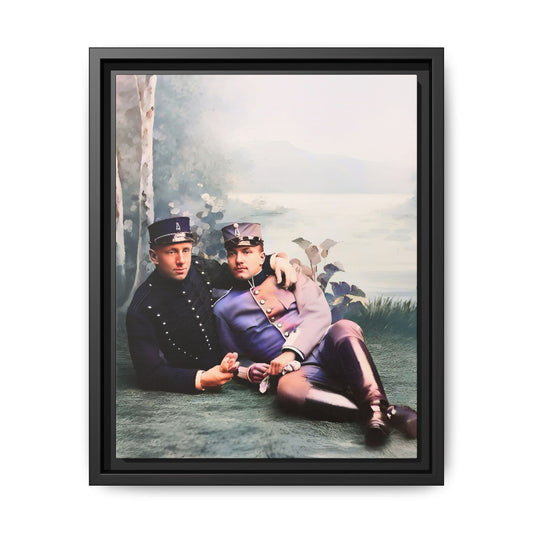 Restored early 1900s photo of Karl and Mats in Swedish military uniforms, reclining by a lakeside, celebrating LGBTQ+ love and history, framed as wall art. Gay Couple Vintage foto homosexuella par