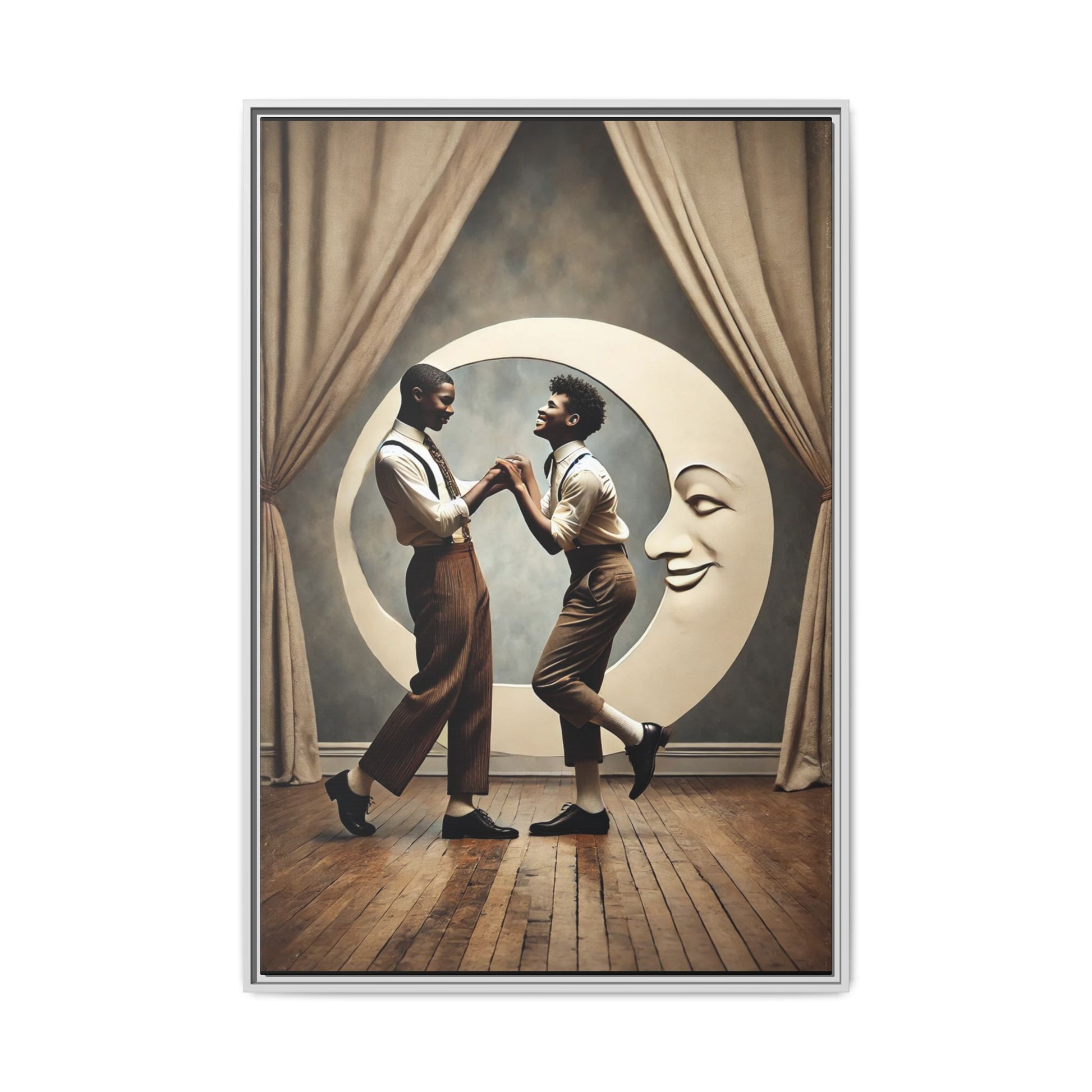 Two joyful young Black men dressed in 1920s fashion dancing in front of a crescent moon prop with a smiling face. This artwork reclaims erased queer love, offering a whimsical and powerful celebration of Black LGBTQ+ youth and history.