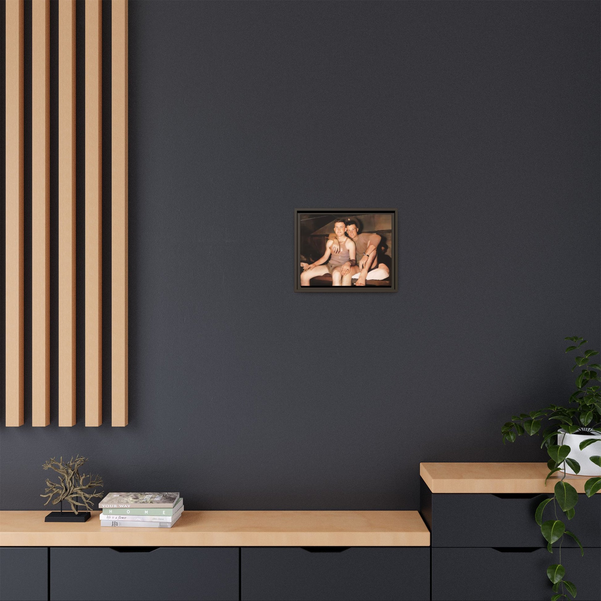 Barracks, Oahu. This framed canvas print honors LGBTQ+ history, military camaraderie, and timeless love, making it a unique and meaningful piece for collectors and history enthusiasts.