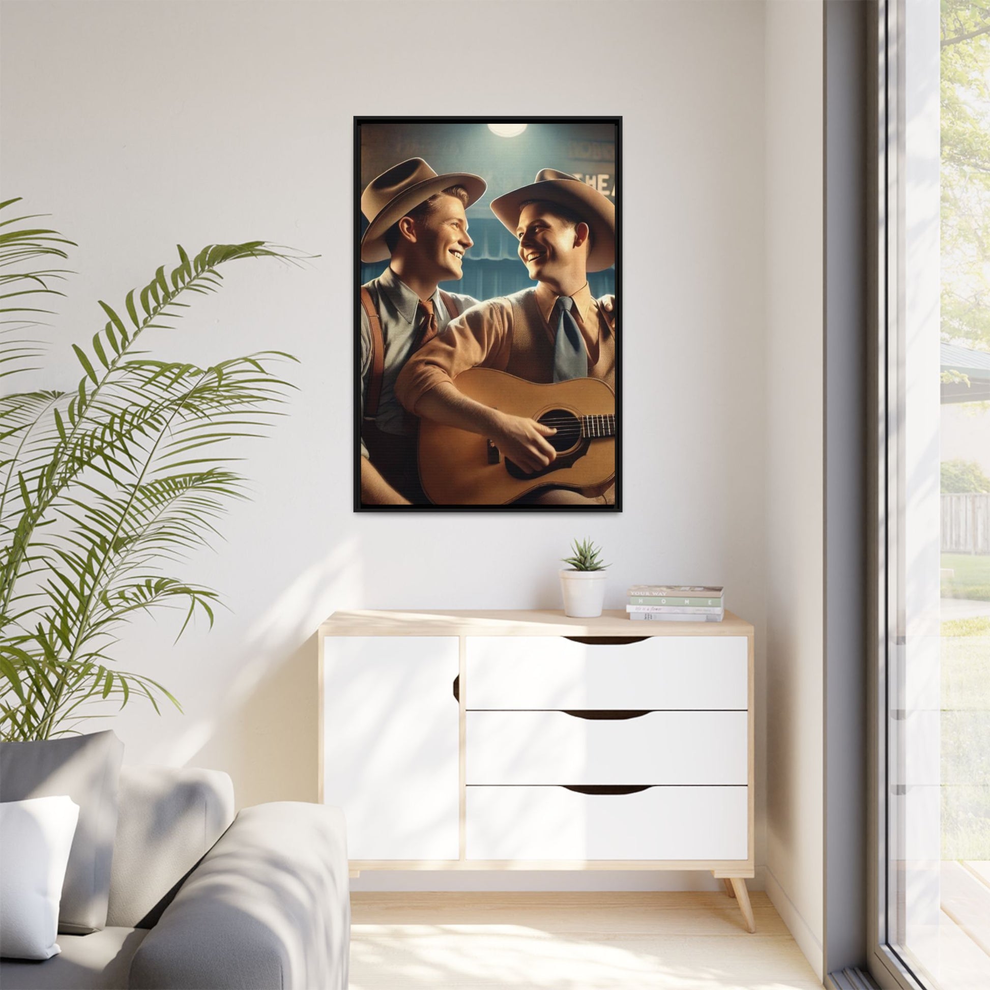 Artwork of a gay couple recording a country-western song in a 1930s-style studio. Dressed in classic Western attire with wide-brimmed hats and button-up shirts, the two men share an affectionate gaze, capturing love and unity in a nostalgic, vintage setting.