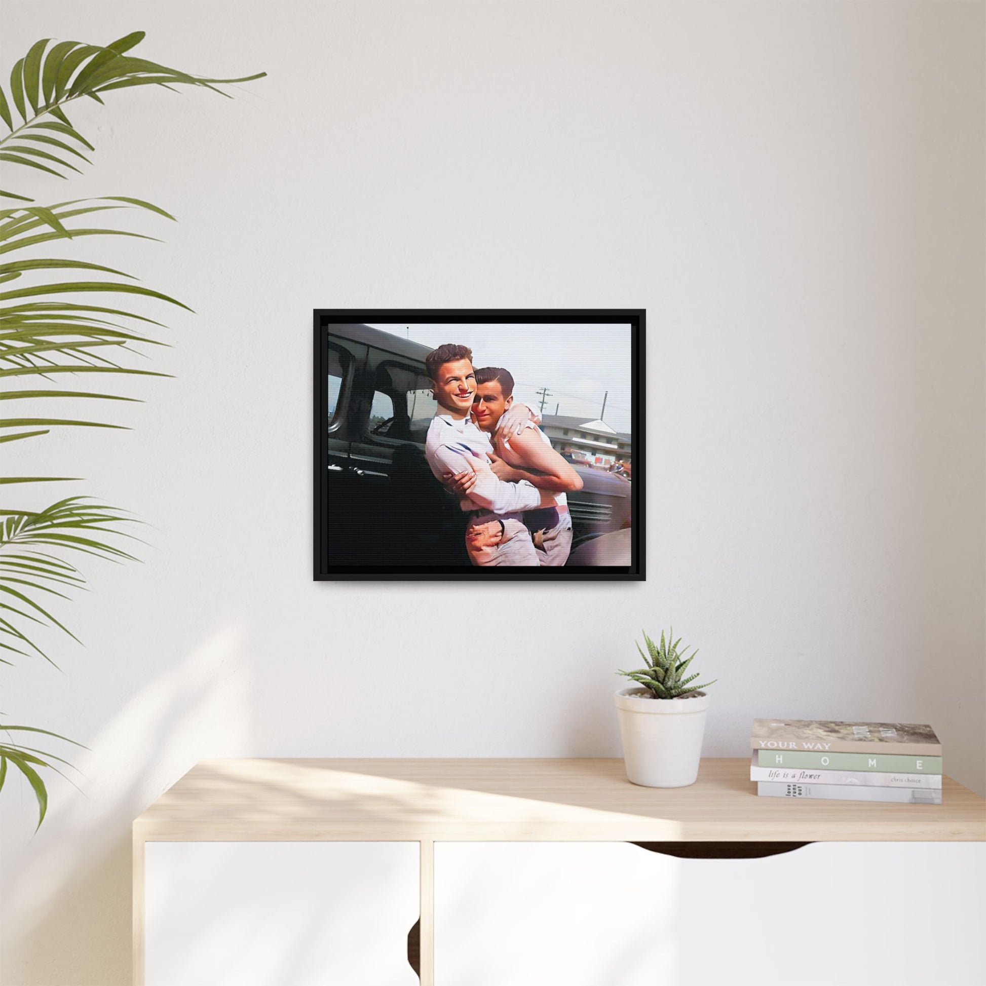 A framed vintage love portrait on matte canvas featuring Henry and Raymond in Peoria, Illinois, capturing timeless LGBTQ+ connection and joy. Gay Couple