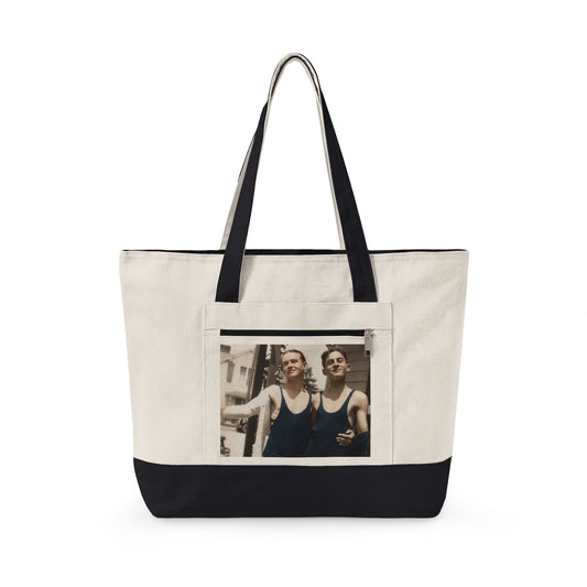 Two men in vintage swimwear canvas tote design