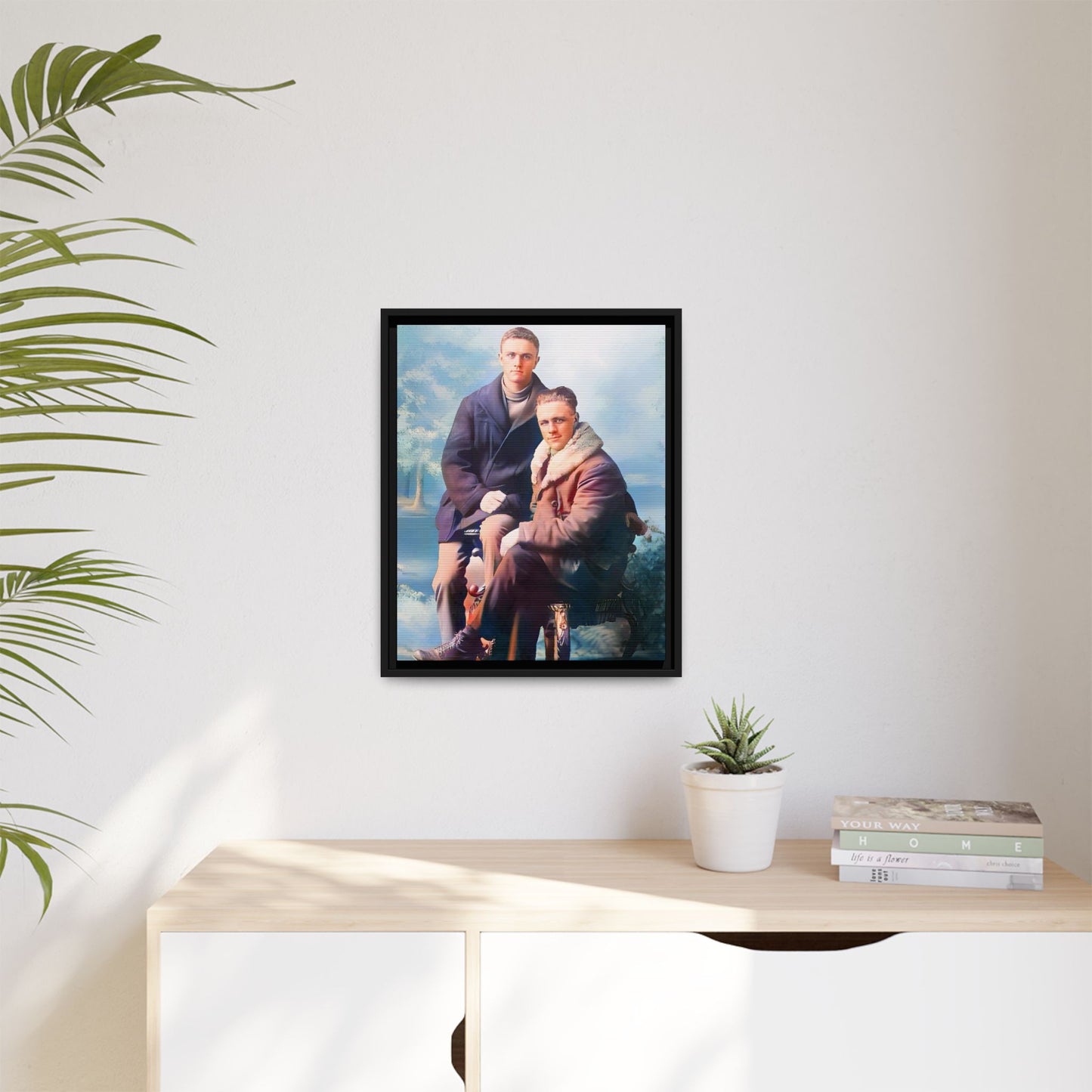 Restored vintage photograph of David and Sam, a gay couple in winter attire from early 20th century Yakima, Washington. Framed matte canvas print showcasing love, resilience, and Gay  history.