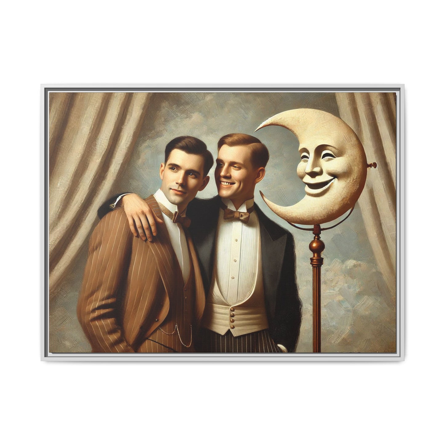 Framed matte canvas artwork of two men in vintage tuxedos standing beside a crescent moon prop. This piece reclaims LGBTQ+ representation lost to bias and honors everyday moments of affection and connection once absent from historical archives.
