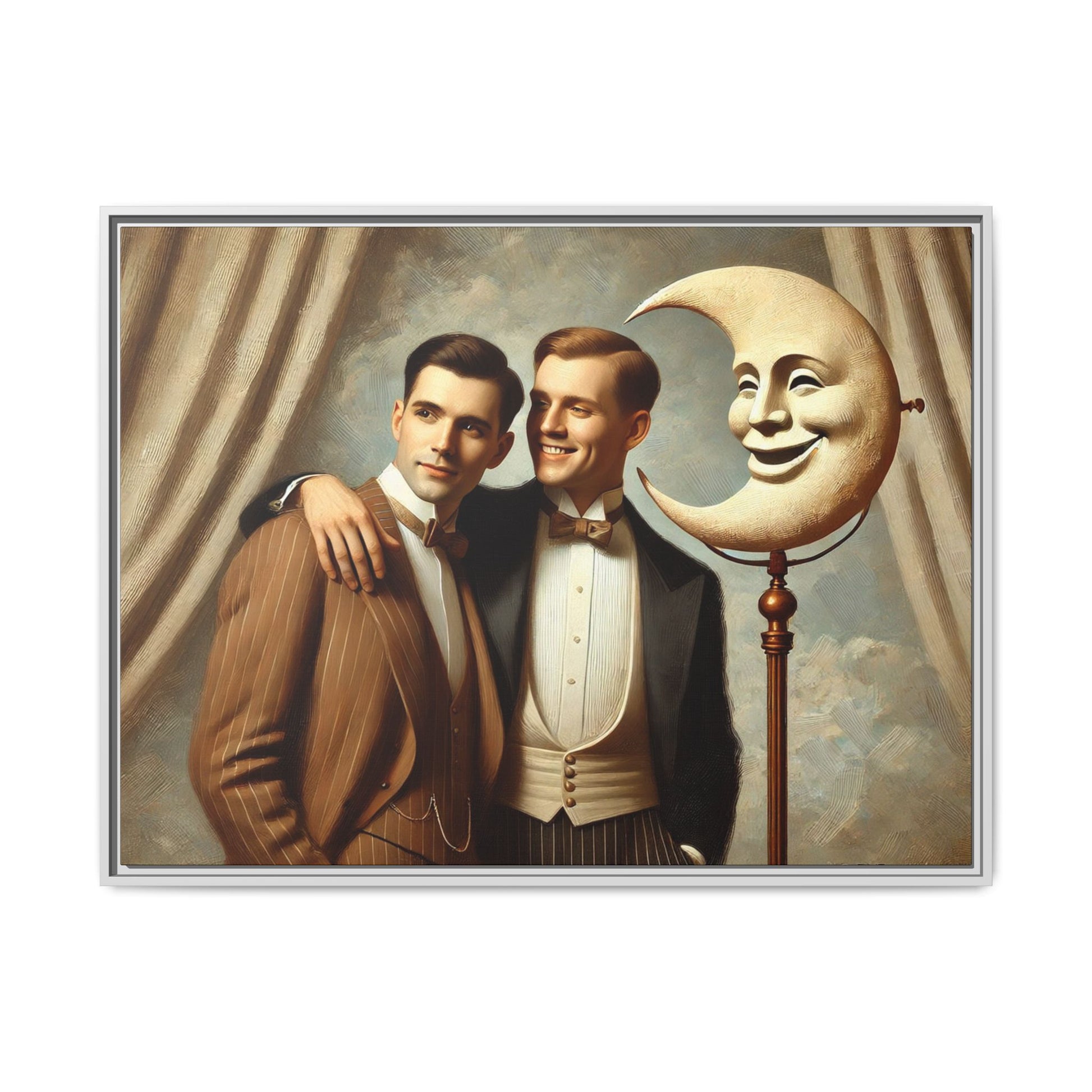 Framed matte canvas artwork of two men in vintage tuxedos standing beside a crescent moon prop. This piece reclaims LGBTQ+ representation lost to bias and honors everyday moments of affection and connection once absent from historical archives.