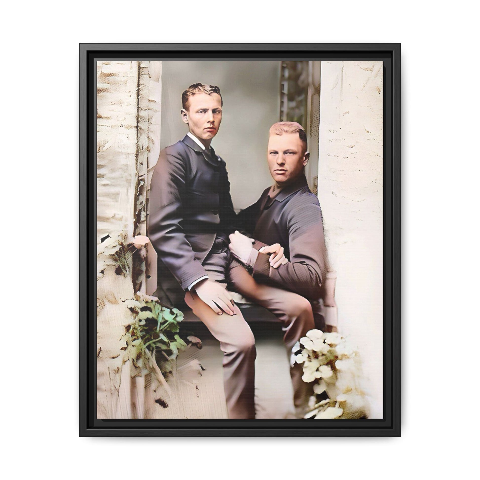 Restored vintage photo of Albert & Harold in tender embrace, Austin TX gay couple, framed art