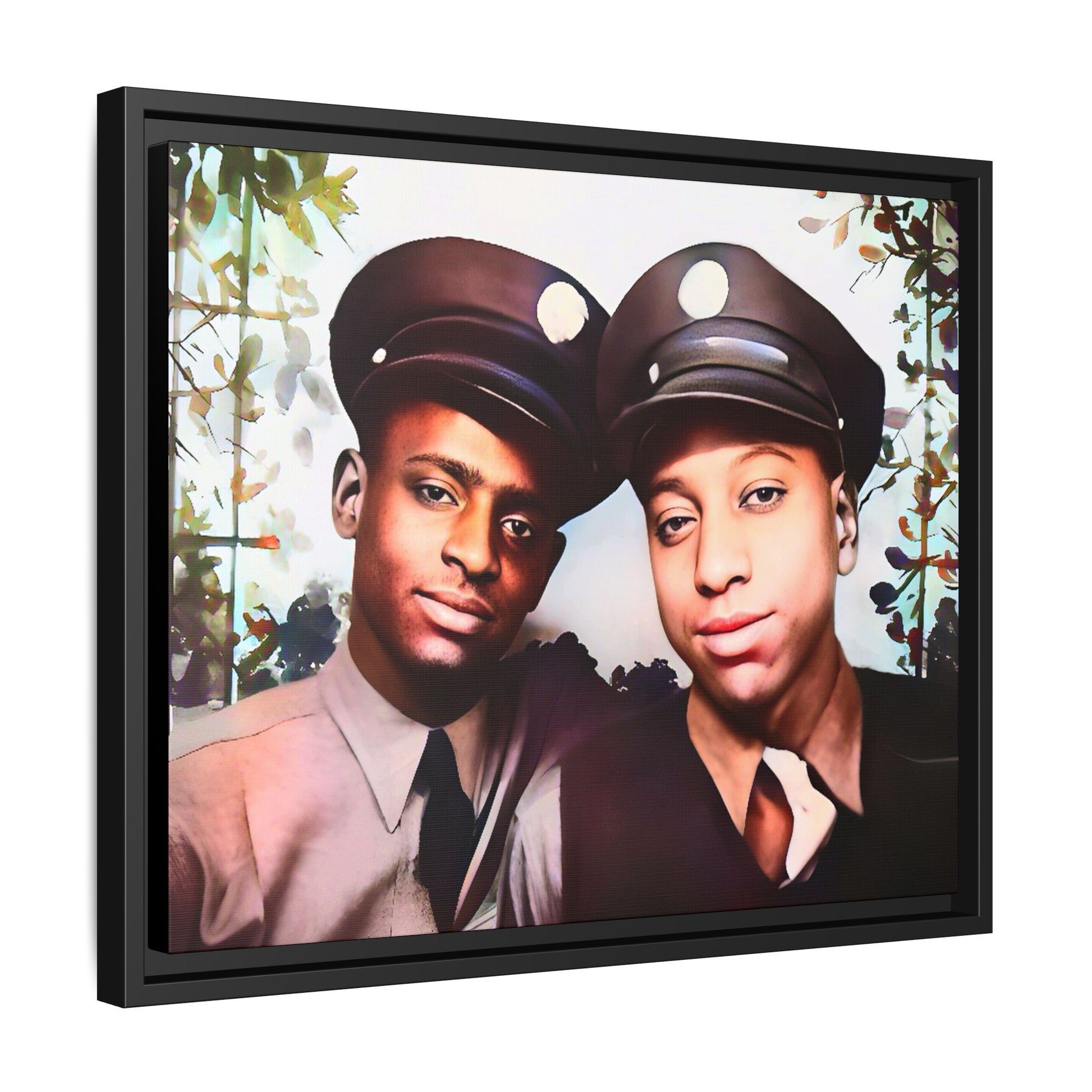 Vintage portrait of Deion & Marcus in Lexington, KY. Framed matte canvas celebrating African-American LGBTQ+ history, showcasing unity and timeless love. Perfect for collectors, art enthusiasts, and those honoring diversity and inclusion through decor.