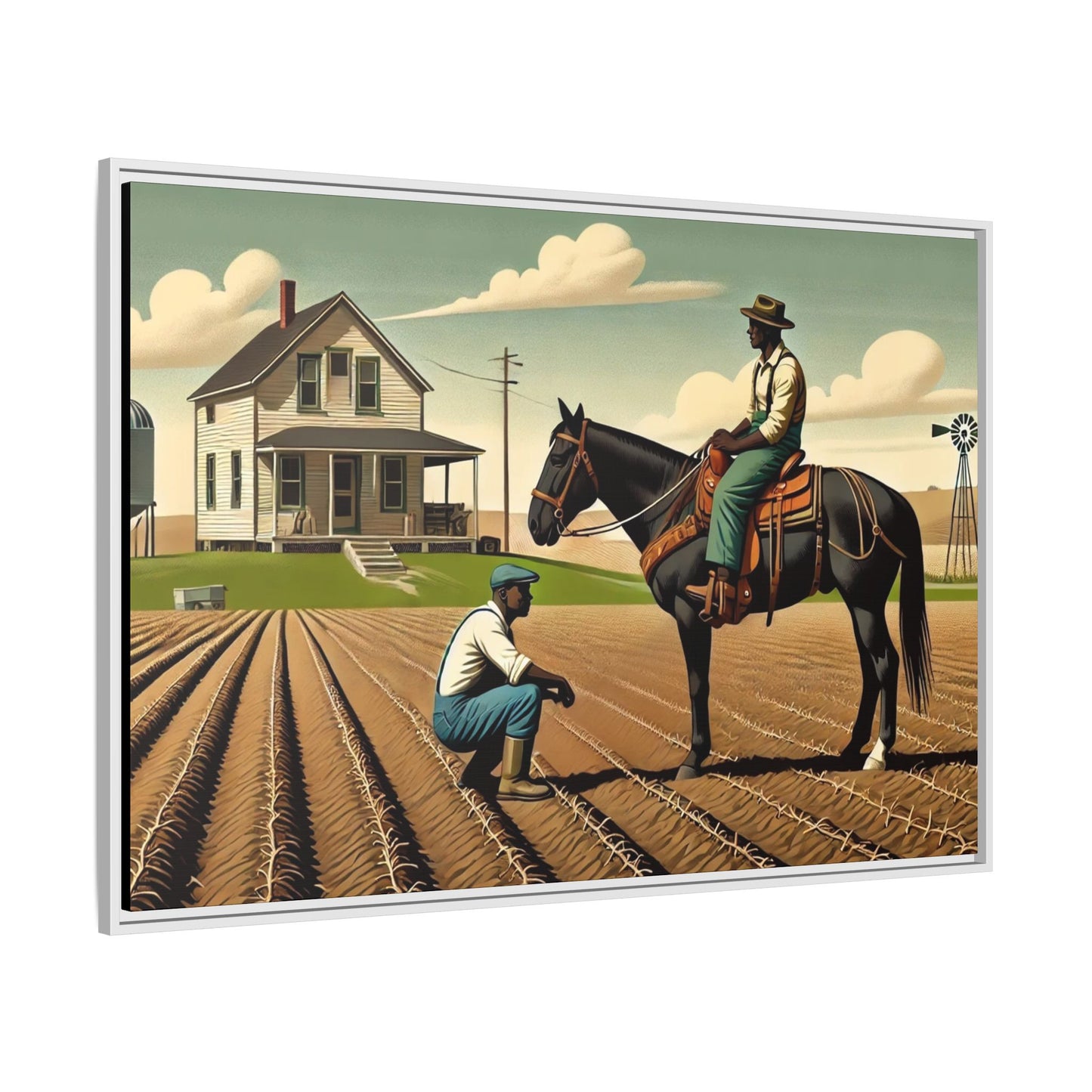 Artwork of an African American queer couple working together on a farm in a serene, vintage-inspired landscape. One man sits on horseback, gazing warmly at his partner, who examines the soil, symbolizing their partnership in both love and labor. The scene captures resilience, companionship, and the beauty of rural life.