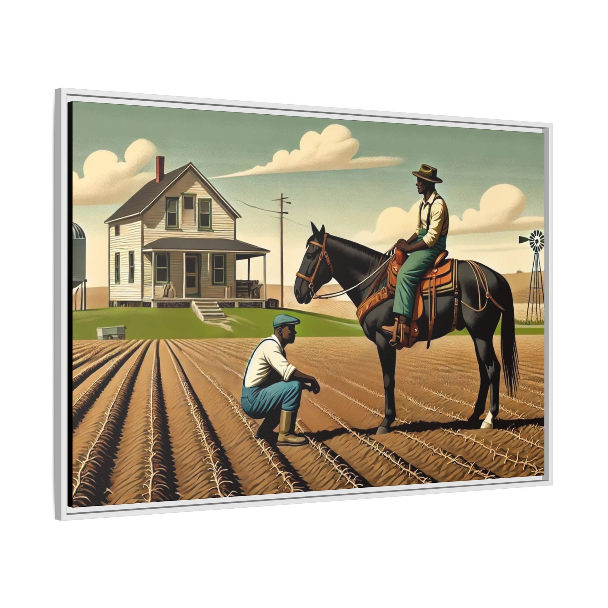 Artwork of an African American queer couple working together on a farm in a serene, vintage-inspired landscape. One man sits on horseback, gazing warmly at his partner, who examines the soil, symbolizing their partnership in both love and labor. The scene captures resilience, companionship, and the beauty of rural life.
