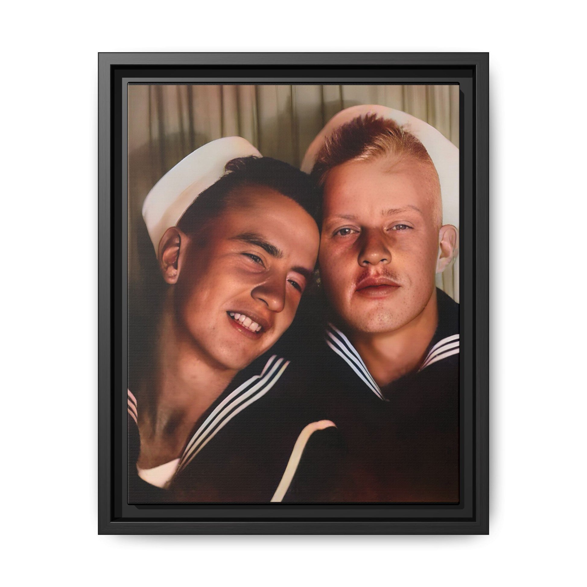 A framed vintage sailor portrait on matte canvas featuring Ray and Clyde in Newport, Rhode Island, capturing timeless LGBTQ+ love and companionship. Gay Couple Photo Booth