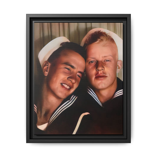 A framed vintage sailor portrait on matte canvas featuring Ray and Clyde in Newport, Rhode Island, capturing timeless LGBTQ+ love and companionship. Gay Couple Photo Booth