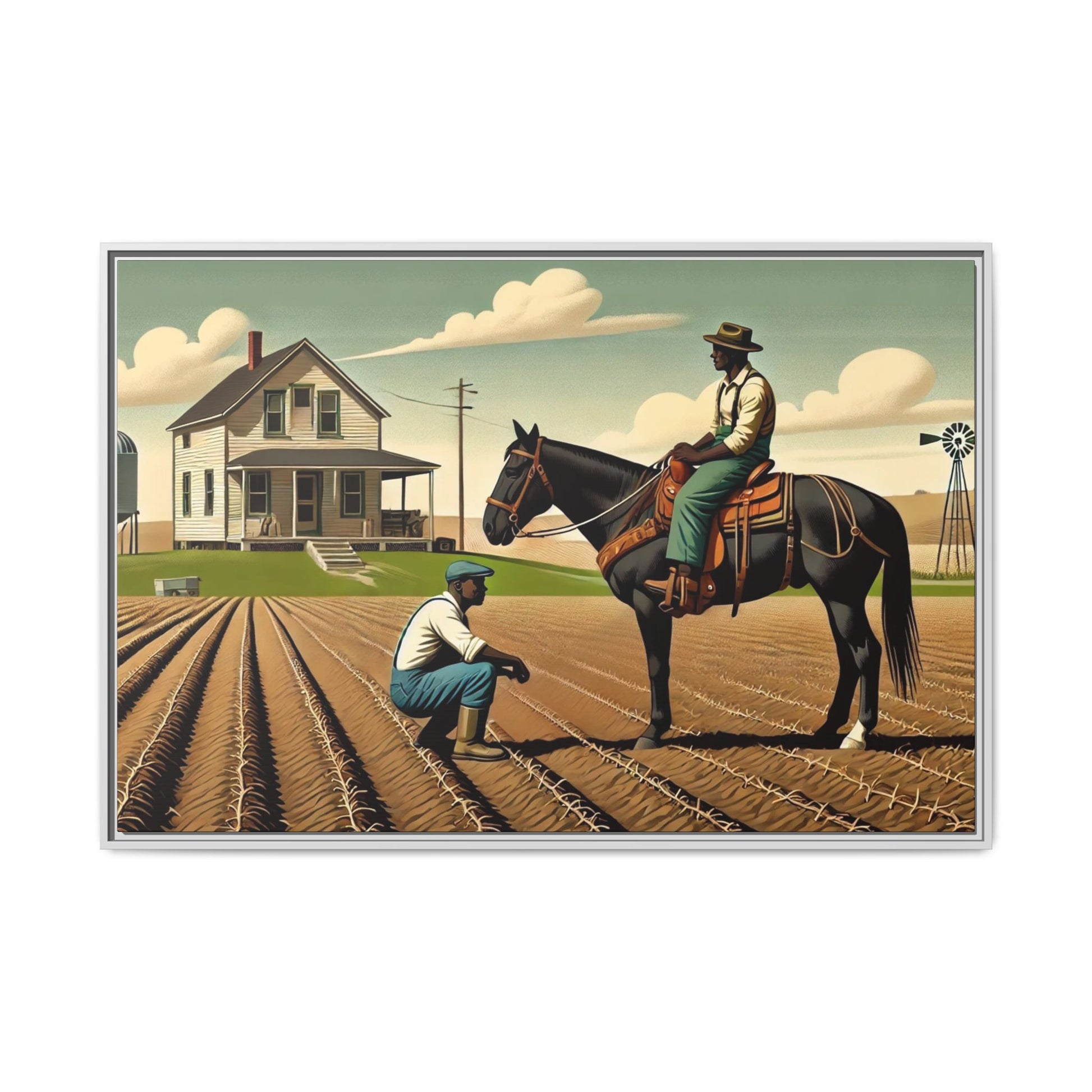 Artwork of an African American queer couple working together on a farm in a serene, vintage-inspired landscape. One man sits on horseback, gazing warmly at his partner, who examines the soil, symbolizing their partnership in both love and labor. The scene captures resilience, companionship, and the beauty of rural life.