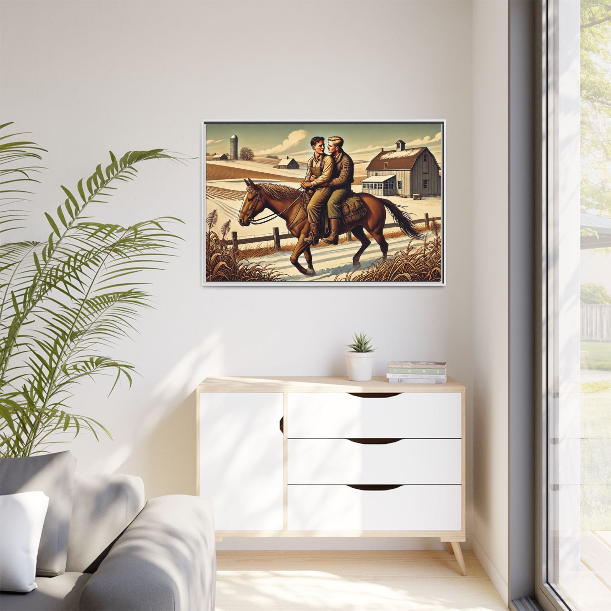 Artwork of a gay couple sharing a tender moment while seated together on a single horse in a snowy, rural Midwestern landscape. Dressed in early 20th-century attire, the men gaze at each other warmly, capturing love, resilience, and companionship in a serene 1930s-inspired American scene