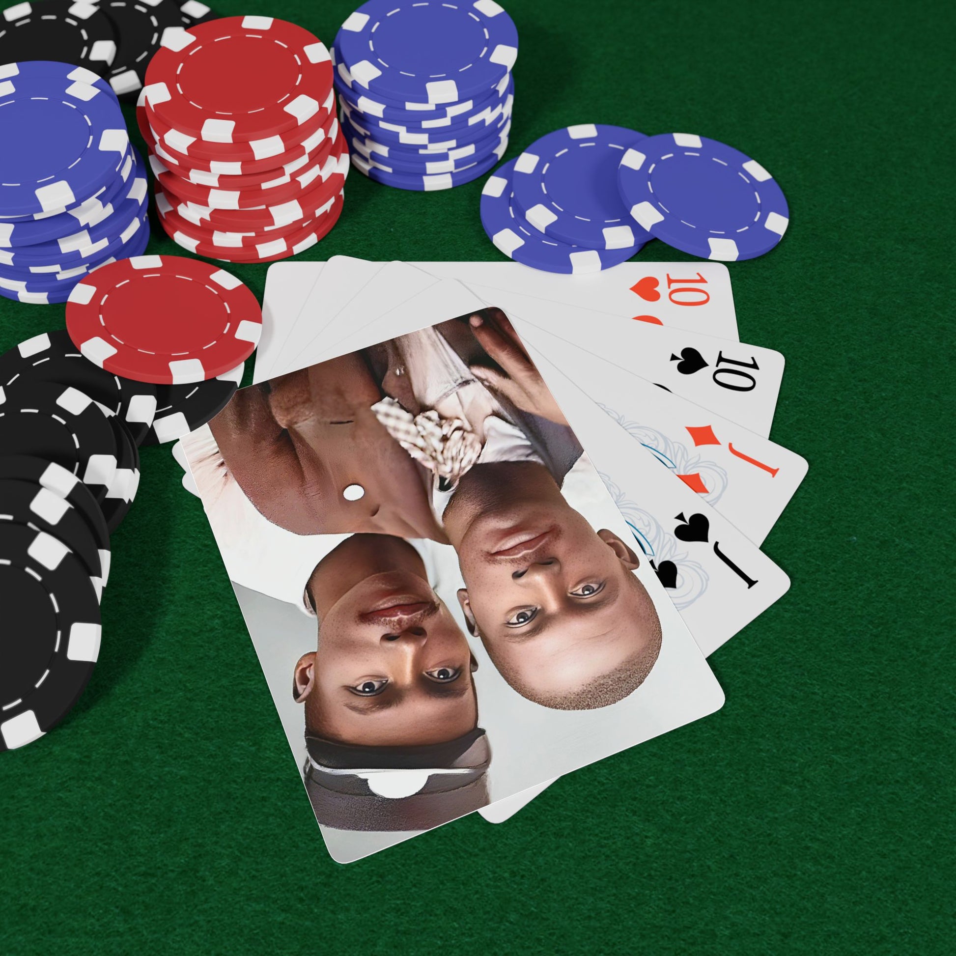 Vintage poker cards featuring a restored studio portrait of two African American men, honoring Black queer history and love. Black Love