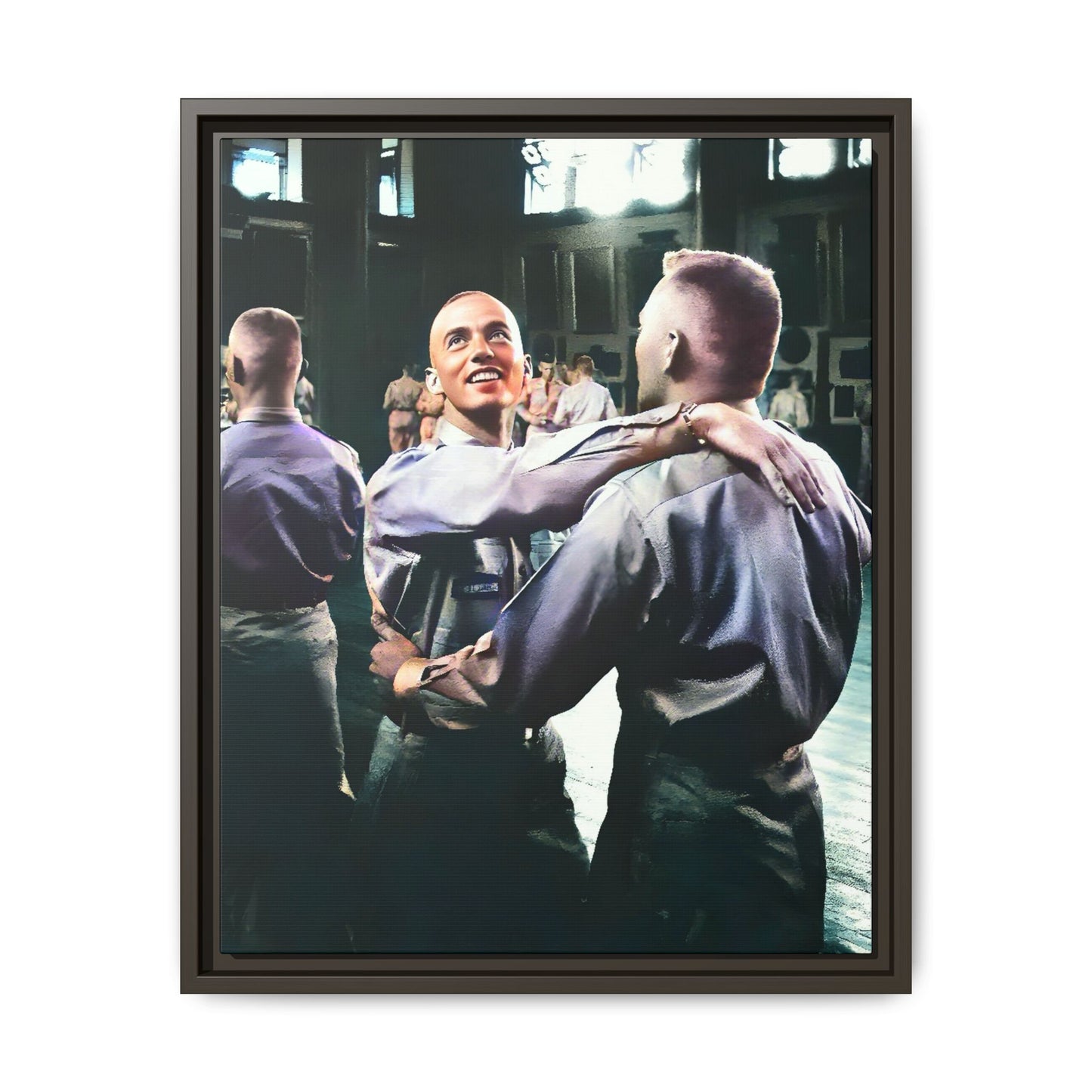 Restored mid-20th century photo of two men dancing at a USO event in Fort Belvoir, celebrating LGBTQ+ love and resilience, framed as wall décor Gay Couple