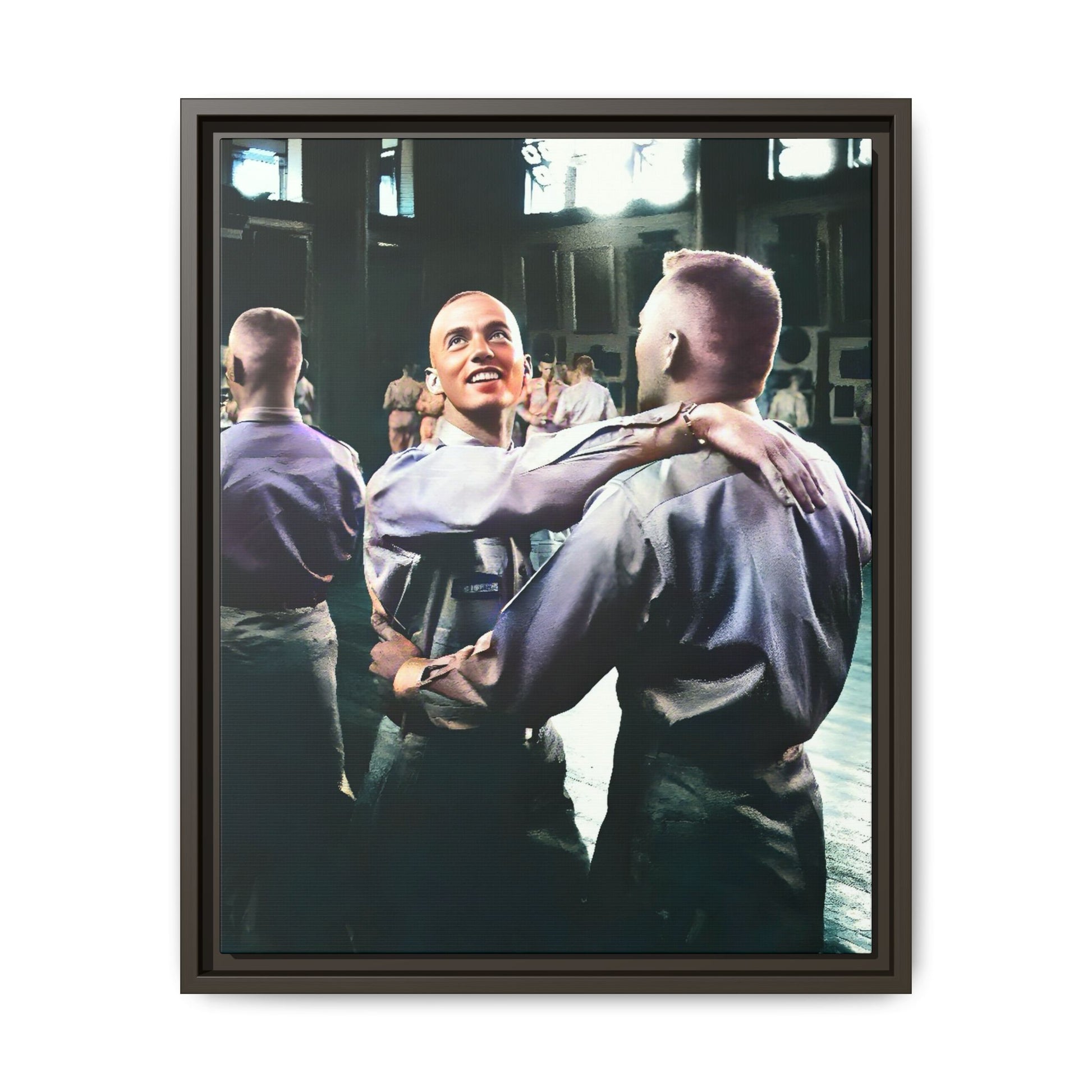 Restored mid-20th century photo of two men dancing at a USO event in Fort Belvoir, celebrating LGBTQ+ love and resilience, framed as wall décor Gay Couple
