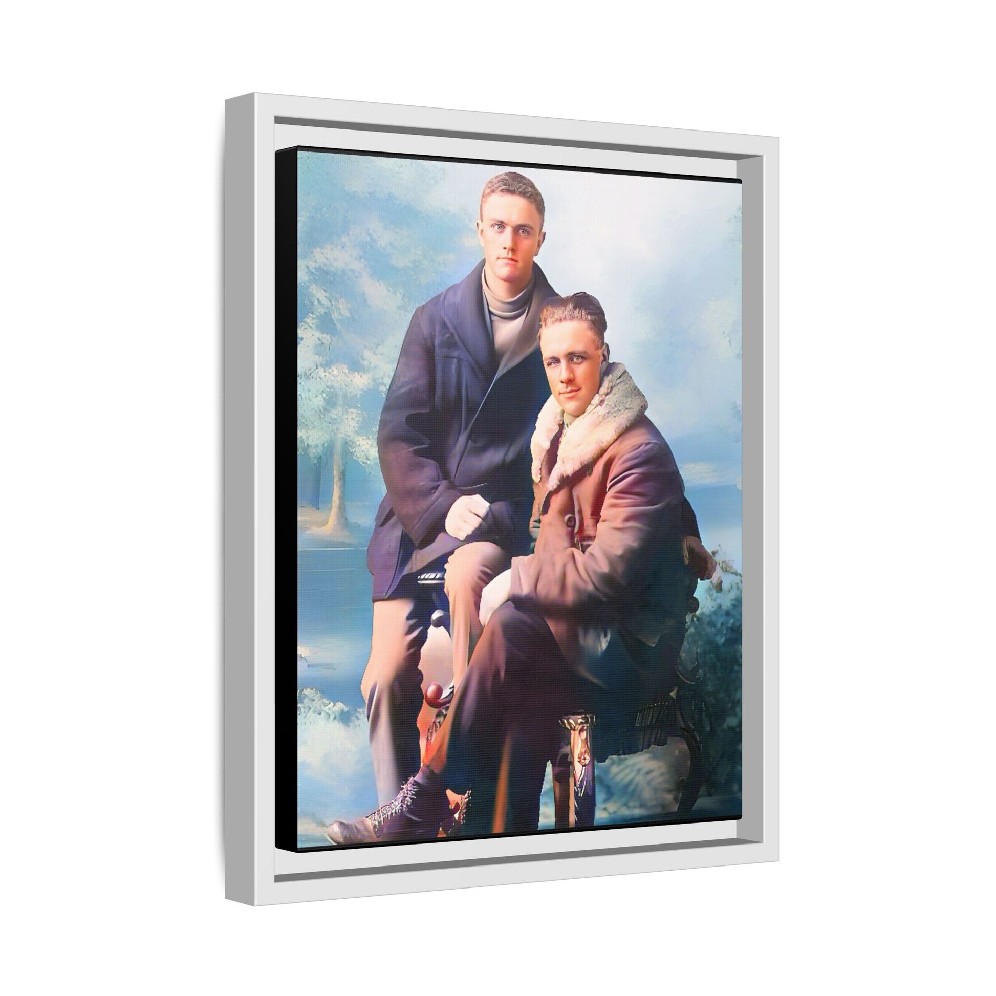 Restored vintage photograph of David and Sam, a gay couple in winter attire from early 20th century Yakima, Washington. Framed matte canvas print showcasing love, resilience, and Gay  history.