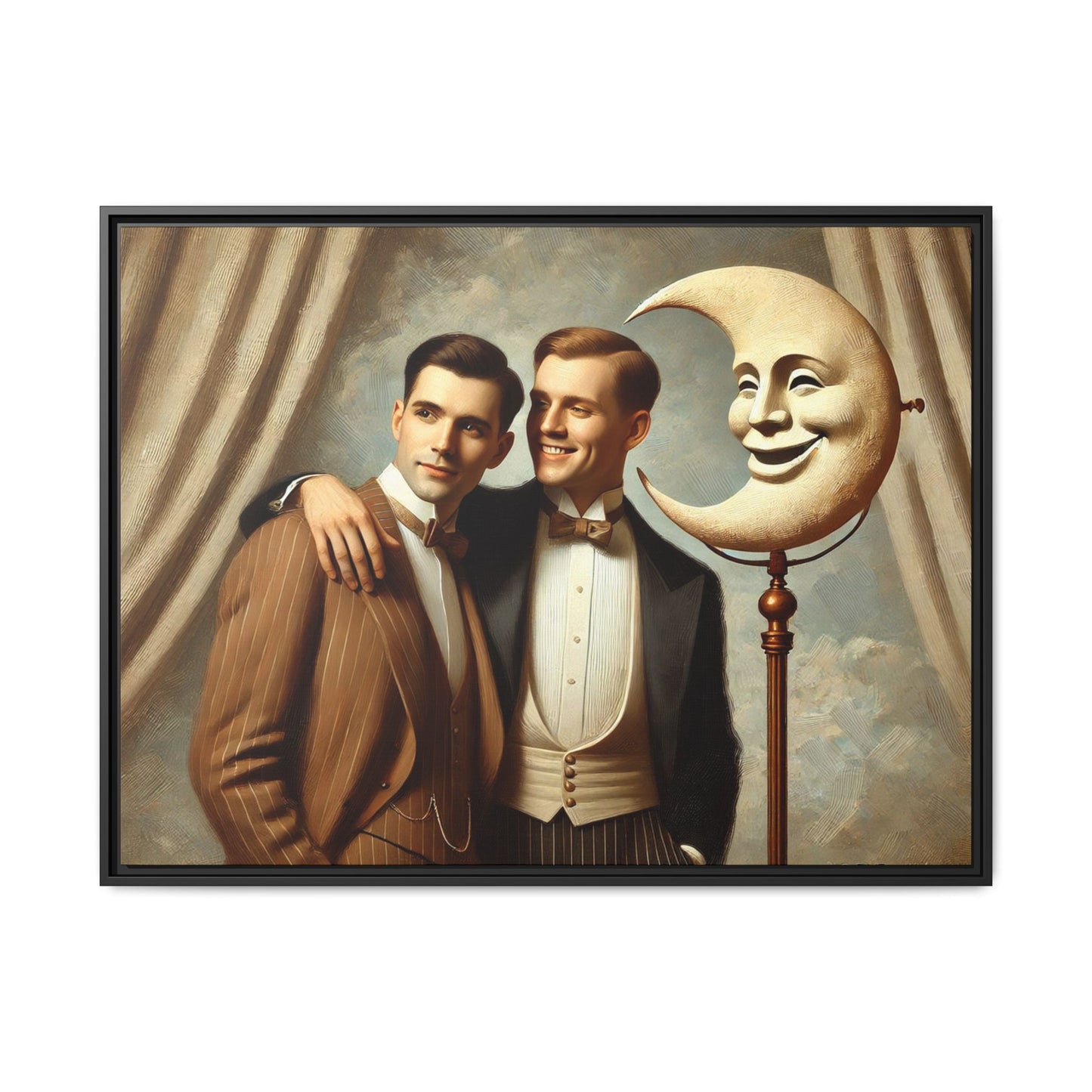 Framed matte canvas artwork of two men in vintage tuxedos standing beside a crescent moon prop. This piece reclaims LGBTQ+ representation lost to bias and honors everyday moments of affection and connection once absent from historical archives.