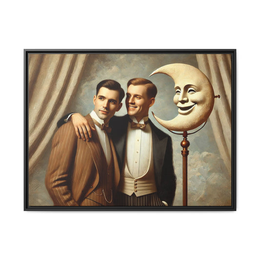 Framed matte canvas artwork of two men in vintage tuxedos standing beside a crescent moon prop. This piece reclaims LGBTQ+ representation lost to bias and honors everyday moments of affection and connection once absent from historical archives.