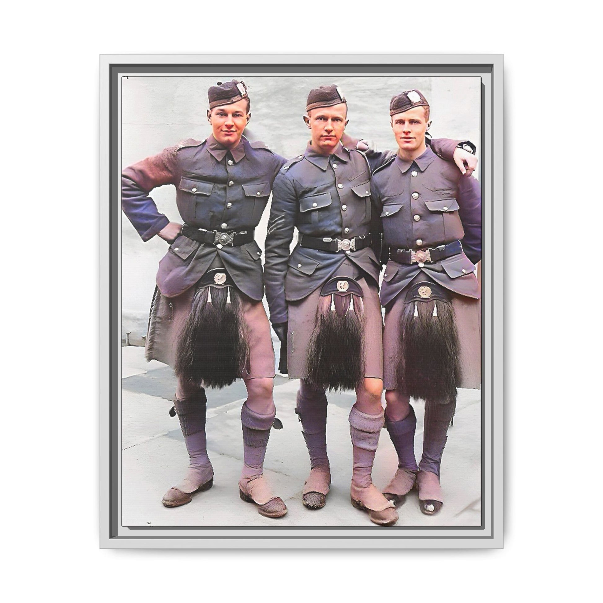 A restored vintage portrait of Gordon Highlanders in Glasgow, Scotland. This framed matte canvas honors Scottish military history, tradition, and unity.