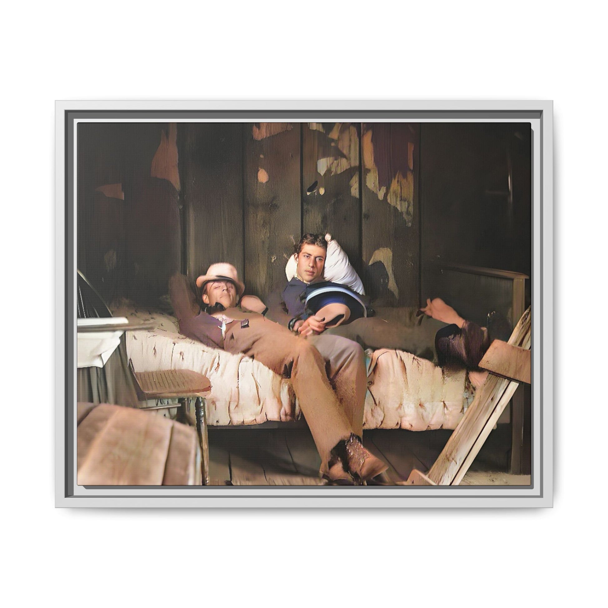 A vintage portrait of Henry & Joseph in a rustic Oregon cabin. This framed matte canvas captures LGBTQ+ history, love, and the beauty of a quiet, intimate moment, making it a timeless and meaningful addition to any collection or home. Gay Couple in bed.