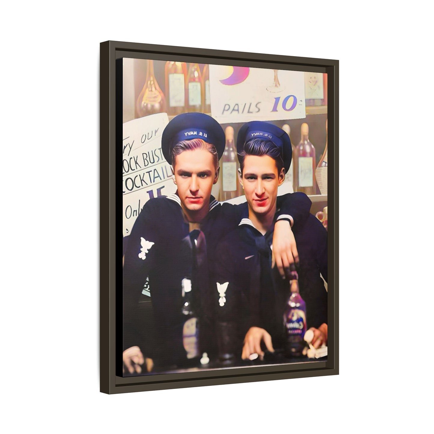 A restored vintage naval portrait of Leo & Vincent, two sailors at Norfolk Naval Station. This framed matte canvas captures LGBTQ+ history, camaraderie, and resilience in a timeless moment. Gay Couple