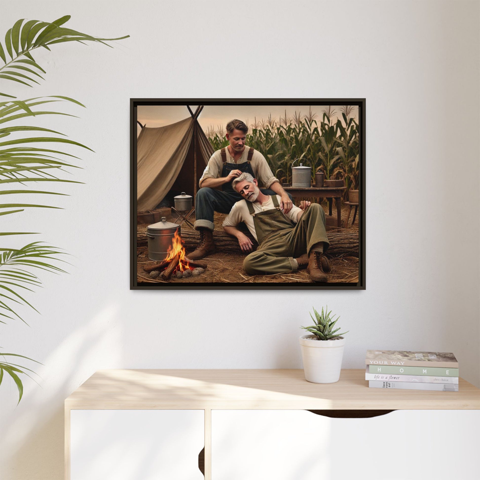 Older queer couple sharing a tender moment by the campfire, celebrating love